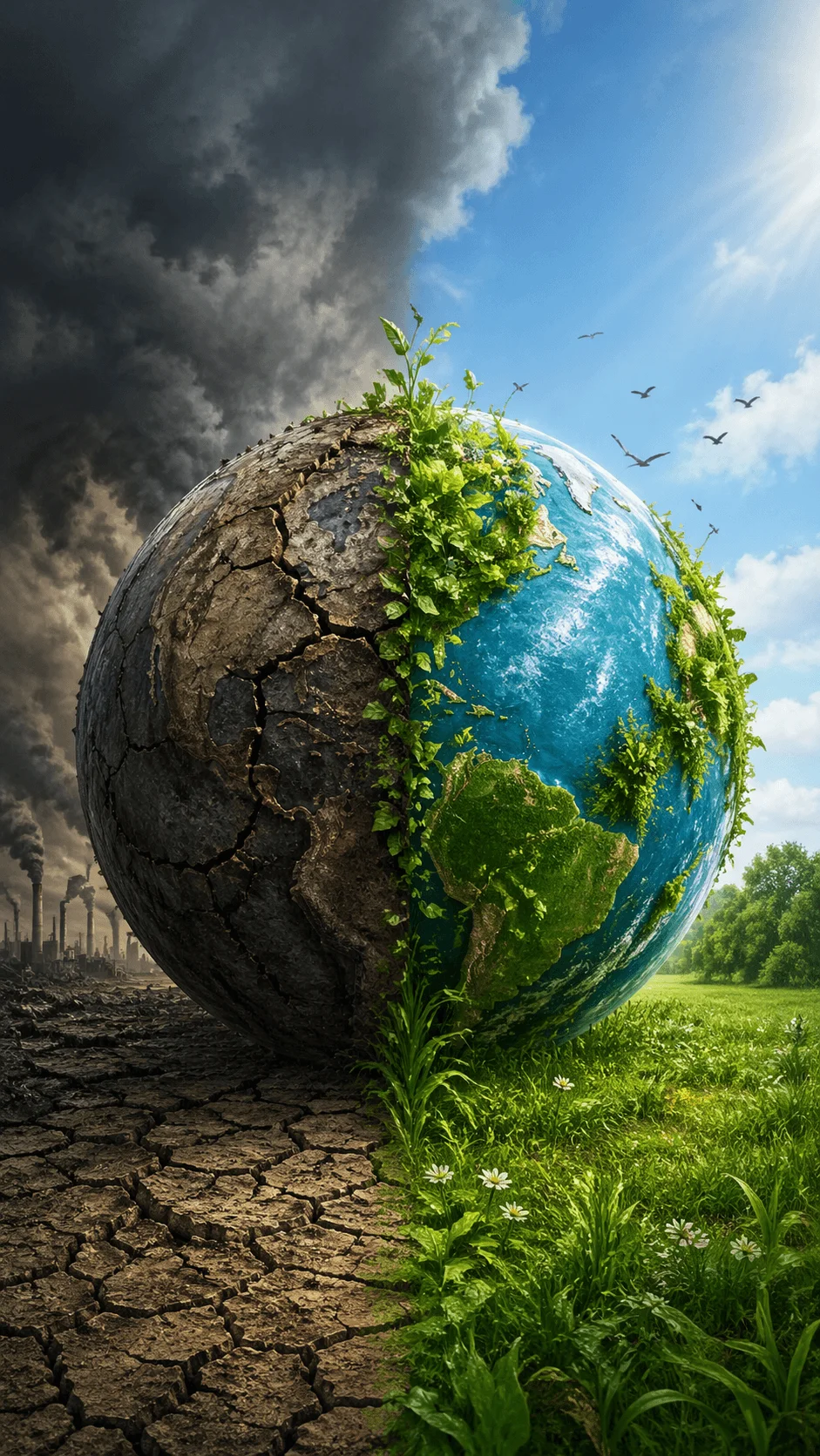 Half polluted cracked earth with dark smoke and factories transitioning into a lush green landscape with blue sky plants and birds symbolizing environmental recovery and sustainability
