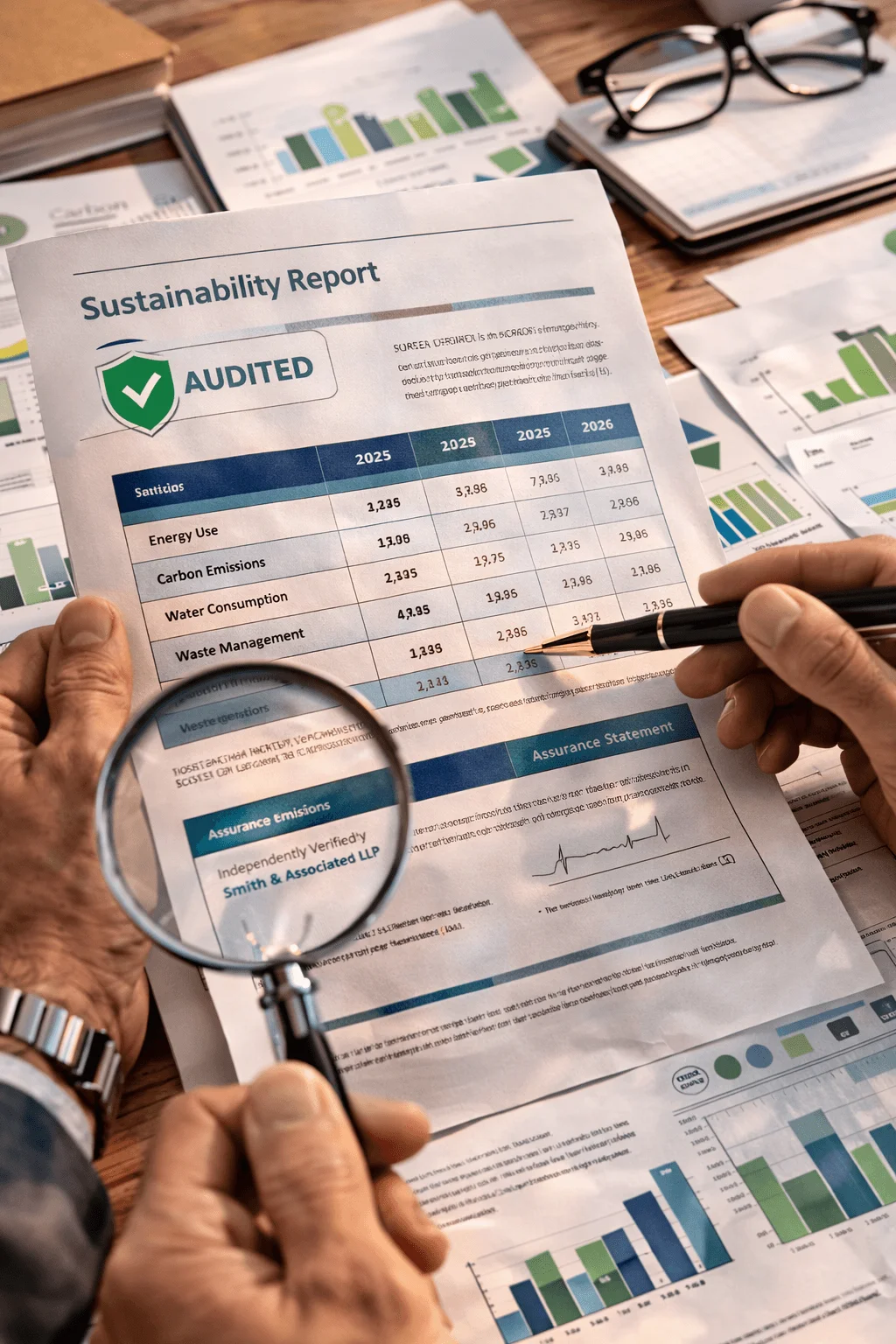 Person reviewing an audited sustainability report with a magnifying glass highlighting data tables on energy use carbon emissions water consumption and waste management alongside charts and assurance statements on a desk