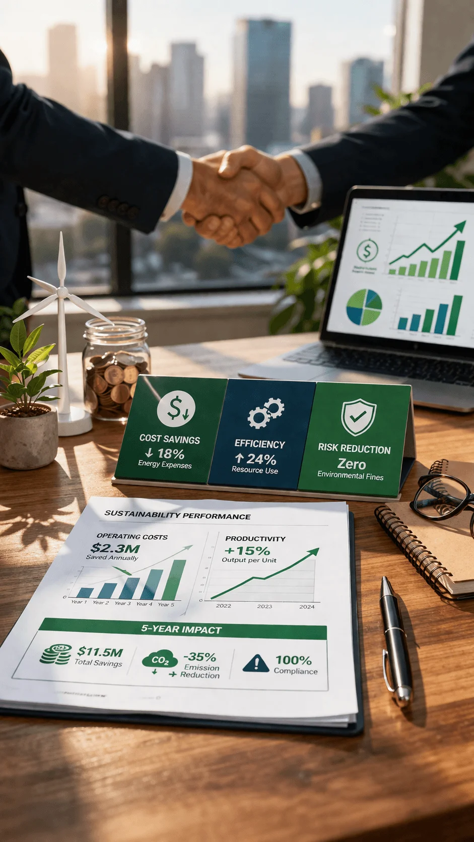 Business professionals shaking hands over a desk with sustainability performance reports charts and metrics showing cost savings efficiency and environmental impact alongside a laptop and eco themed elements