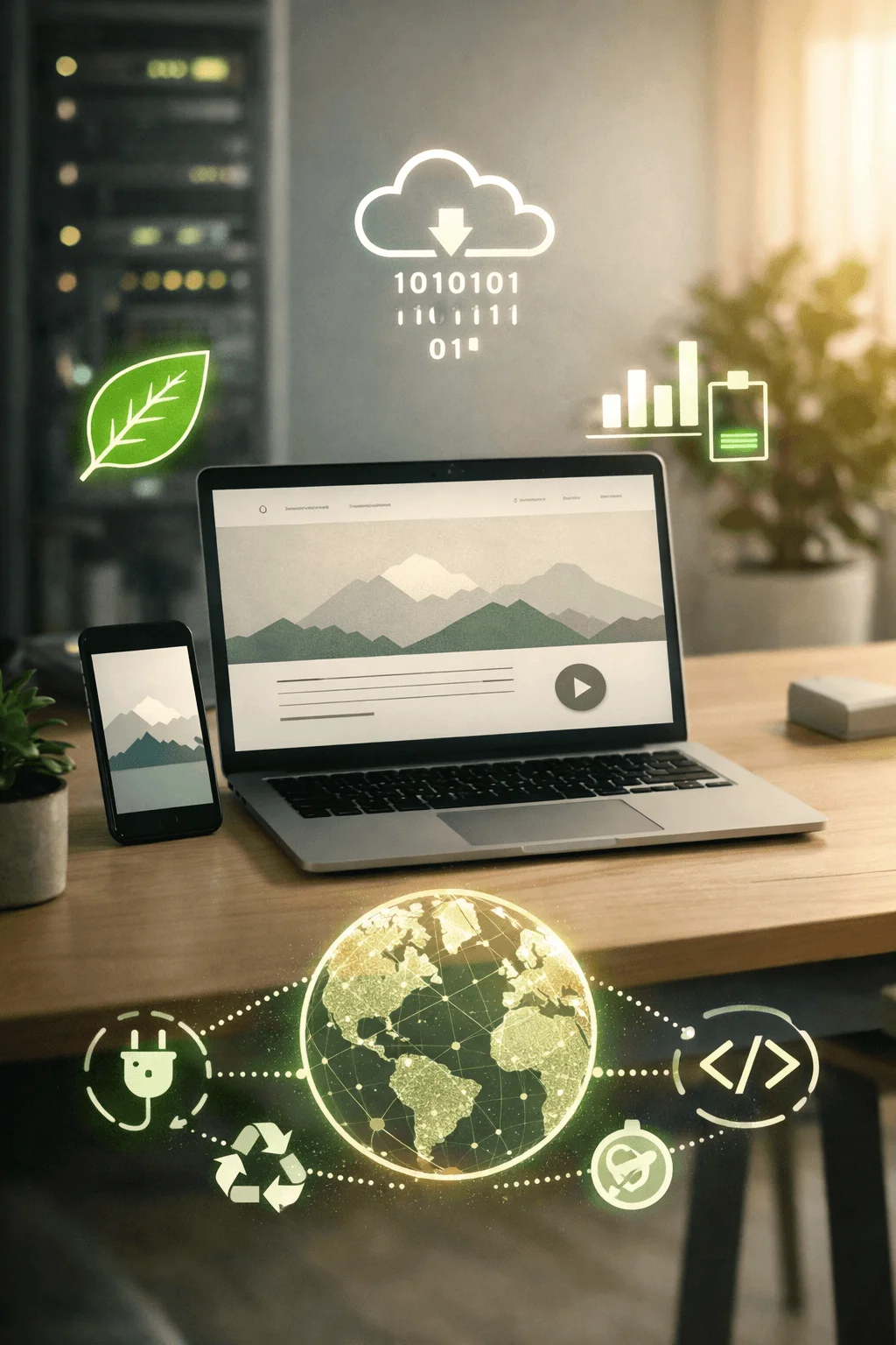 Carbon conscious digital design concept showing a laptop and smartphone displaying a website interface with glowing icons of cloud data energy usage sustainability and recycling surrounding a connected digital globe symbolizing environmental impact of technology