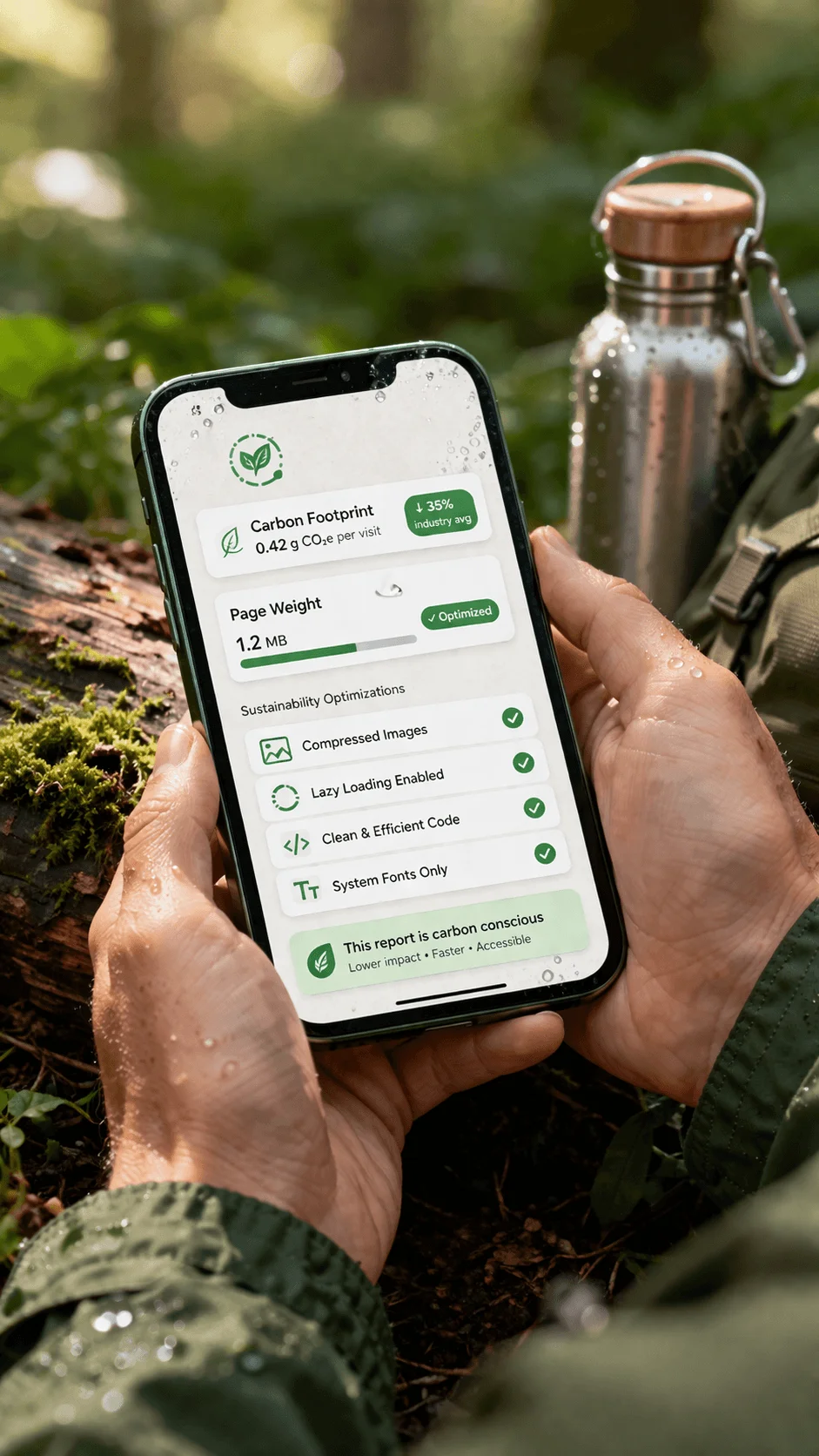 Person holding a smartphone outdoors displaying a carbon conscious digital report with metrics like carbon footprint page weight and sustainability optimizations while surrounded by nature and eco friendly gear
