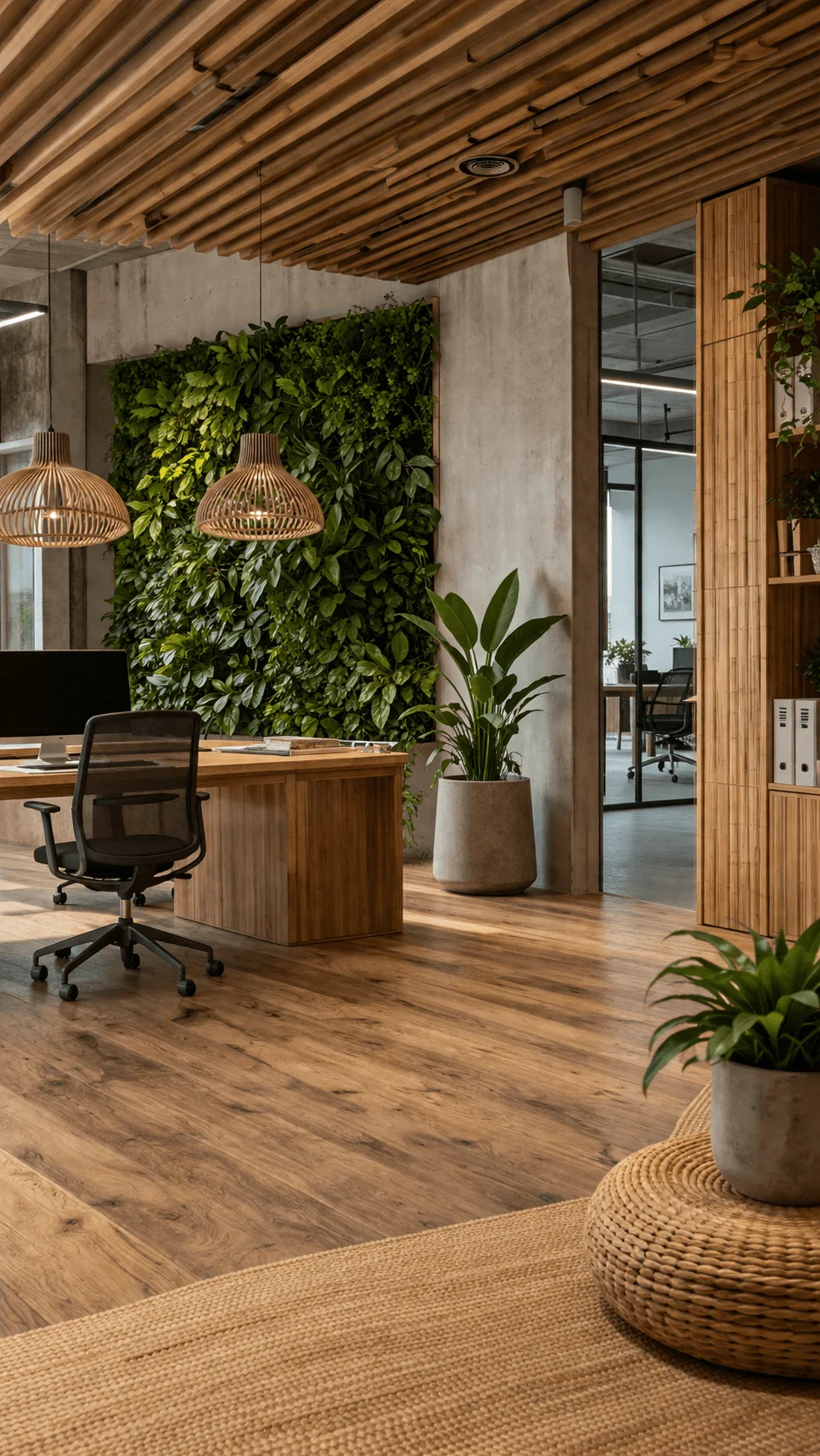Sustainable office interior with natural wood materials green living wall indoor plants and eco friendly design elements