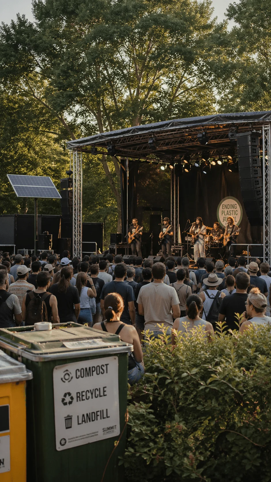 Crowd attending an outdoor concert powered by solar energy with recycling and compost bins promoting eco friendly waste management