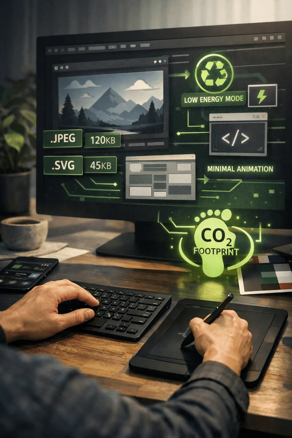 Designer working on computer with interface showing low energy mode file optimization formats minimal animation and carbon footprint indicators representing energy efficient digital design