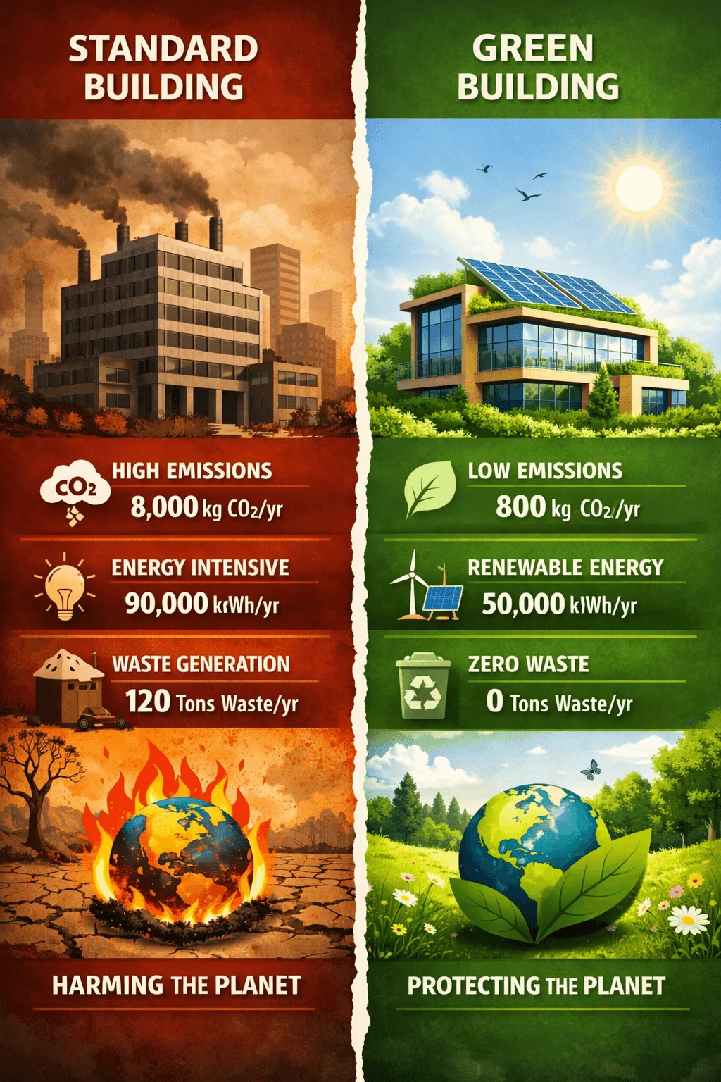 comparison poster showing standard building with high emissions energy use and waste versus green building with low emissions renewable energy zero waste and environmental protection