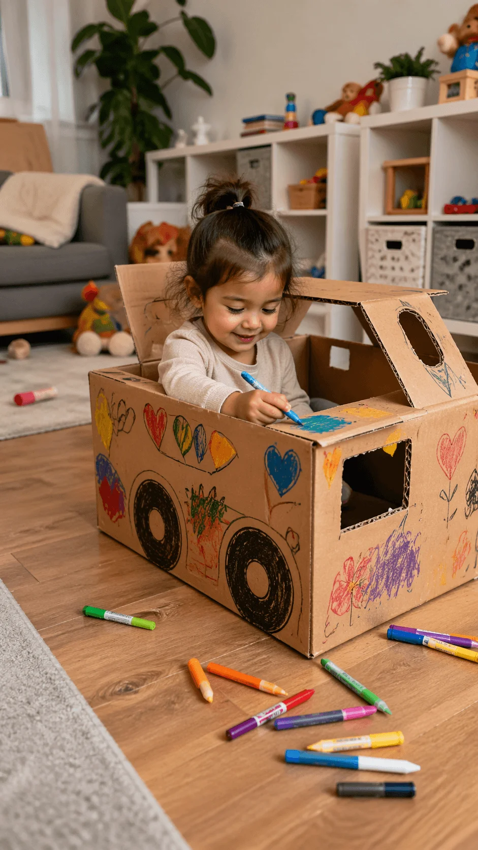 Toddler sitting inside a decorated cardboard box drawing colorful designs with crayons creating a recycled cardboard craft project