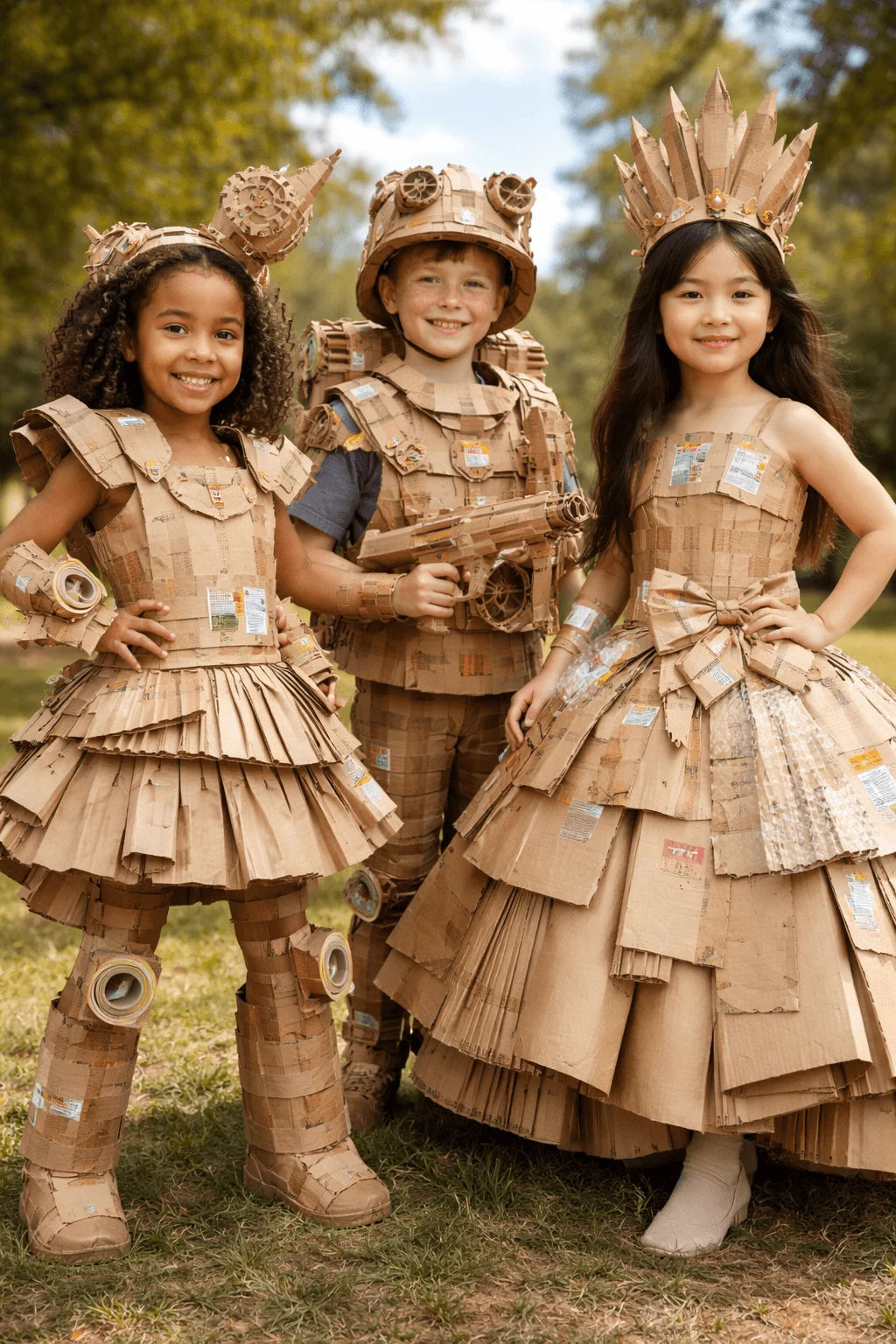 Three children stand outdoors wearing creative outfits made from cardboard and packaging materials including dresses armor and headpieces with a playful and imaginative style