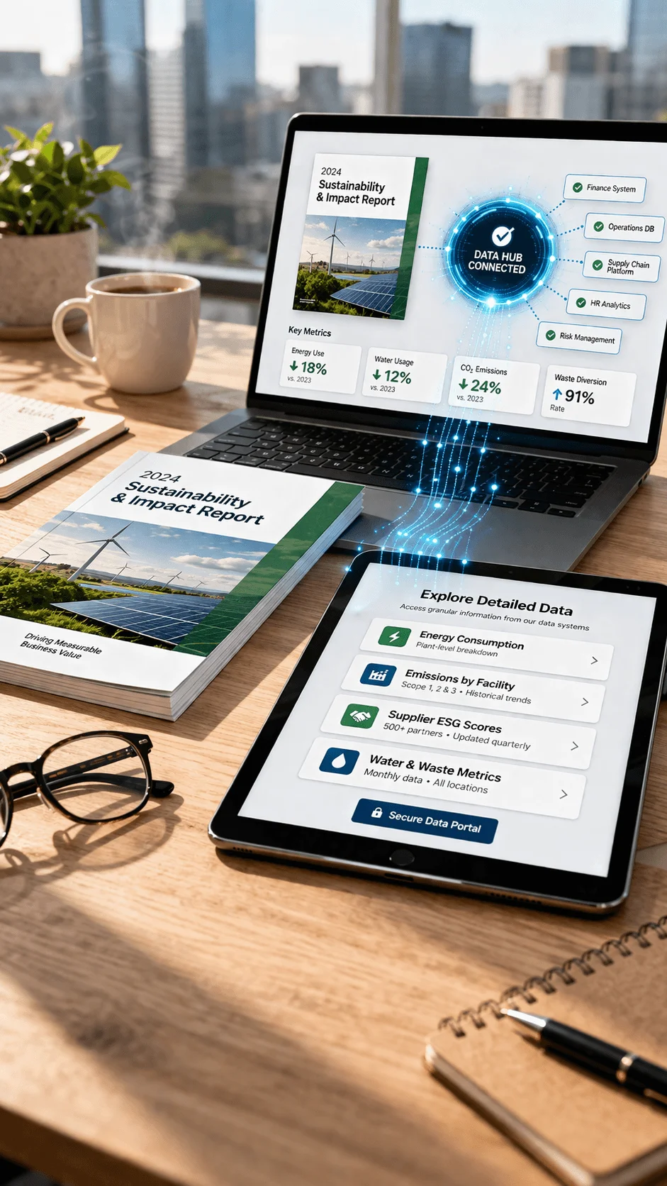 Workspace with laptop tablet and printed sustainability report connected through a centralized data hub interface showing integrated metrics analytics and data systems in a modern office setting