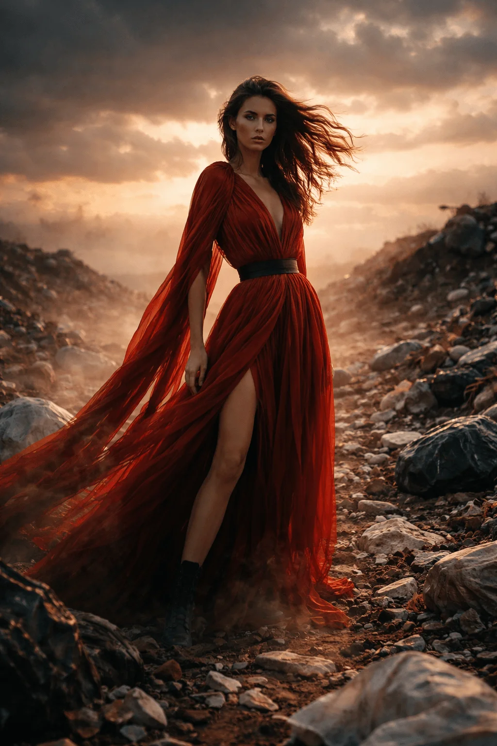 Woman in flowing red dress walking through a rocky landfill landscape under dramatic sky symbolizing contrast between fashion beauty and environmental impact