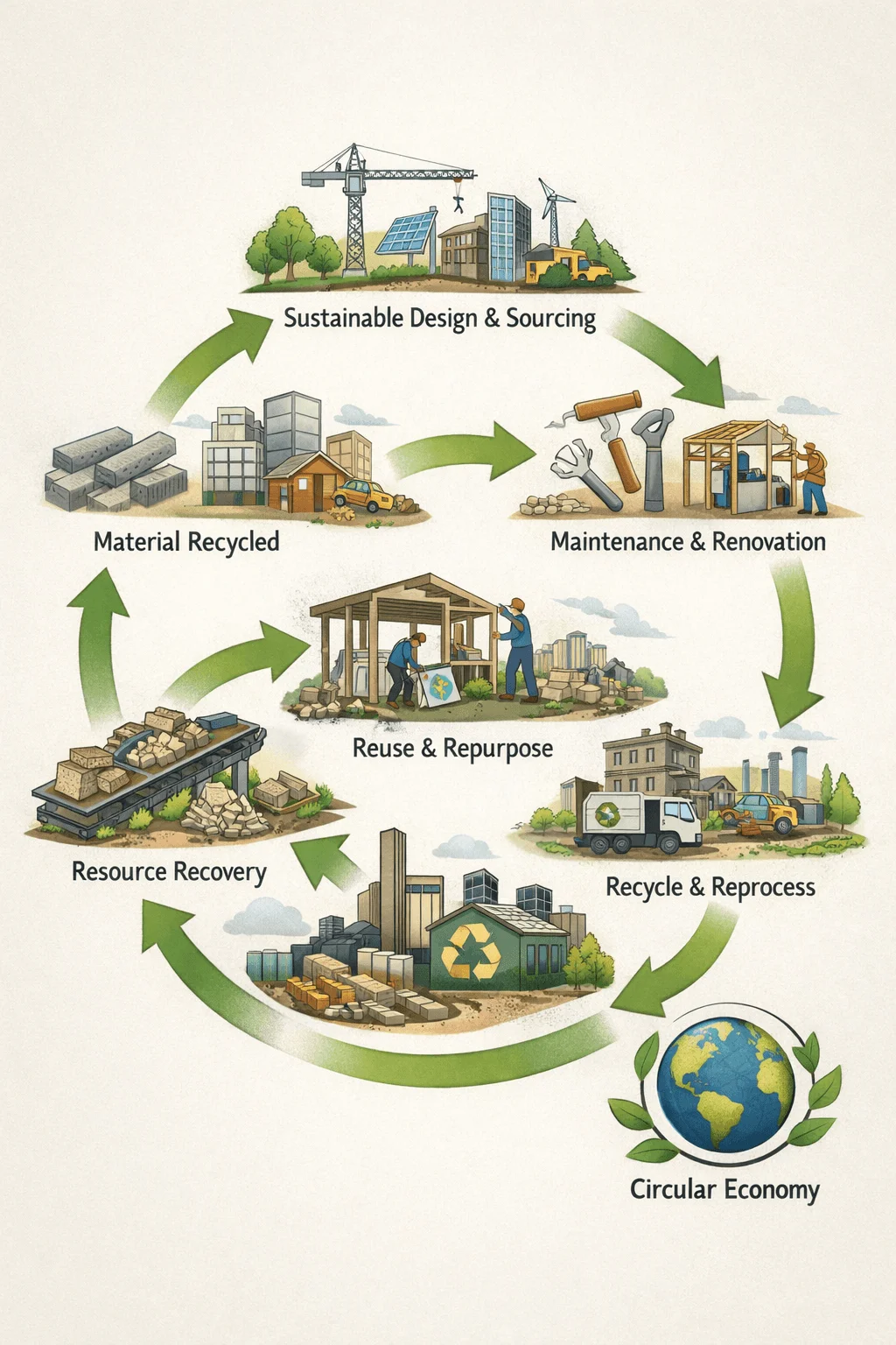 circular design lifecycle diagram showing sustainable design and sourcing maintenance and renovation reuse and repurpose recycle and reprocess resource recovery and material recycling within circular economy