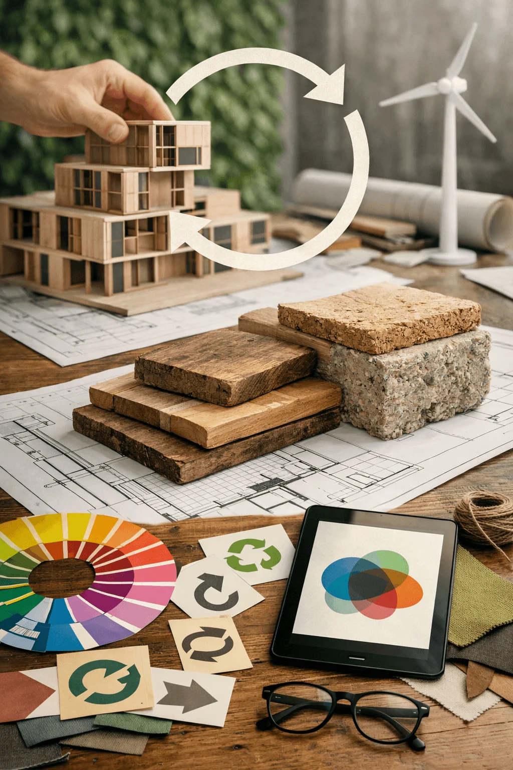 Circular design concept showing architectural model with sustainable materials on blueprints recycled wood and composite blocks color palette samples recycling icons a tablet with overlapping color graphics and a wind turbine in the background