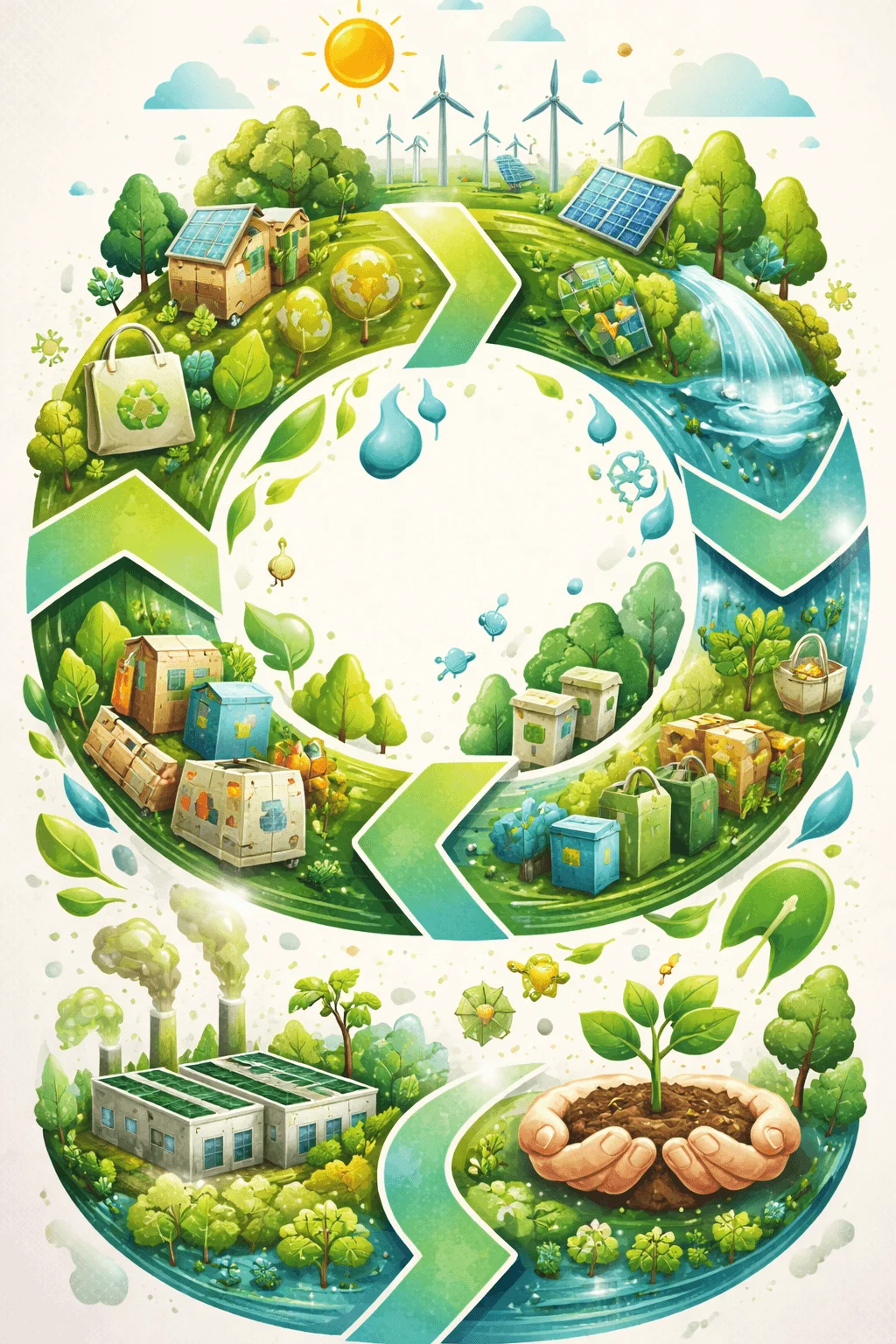 Illustration of a circular sustainability concept with arrows forming a loop around eco friendly scenes including wind turbines solar panels trees recycling bins water flow green homes and hands holding a growing plant