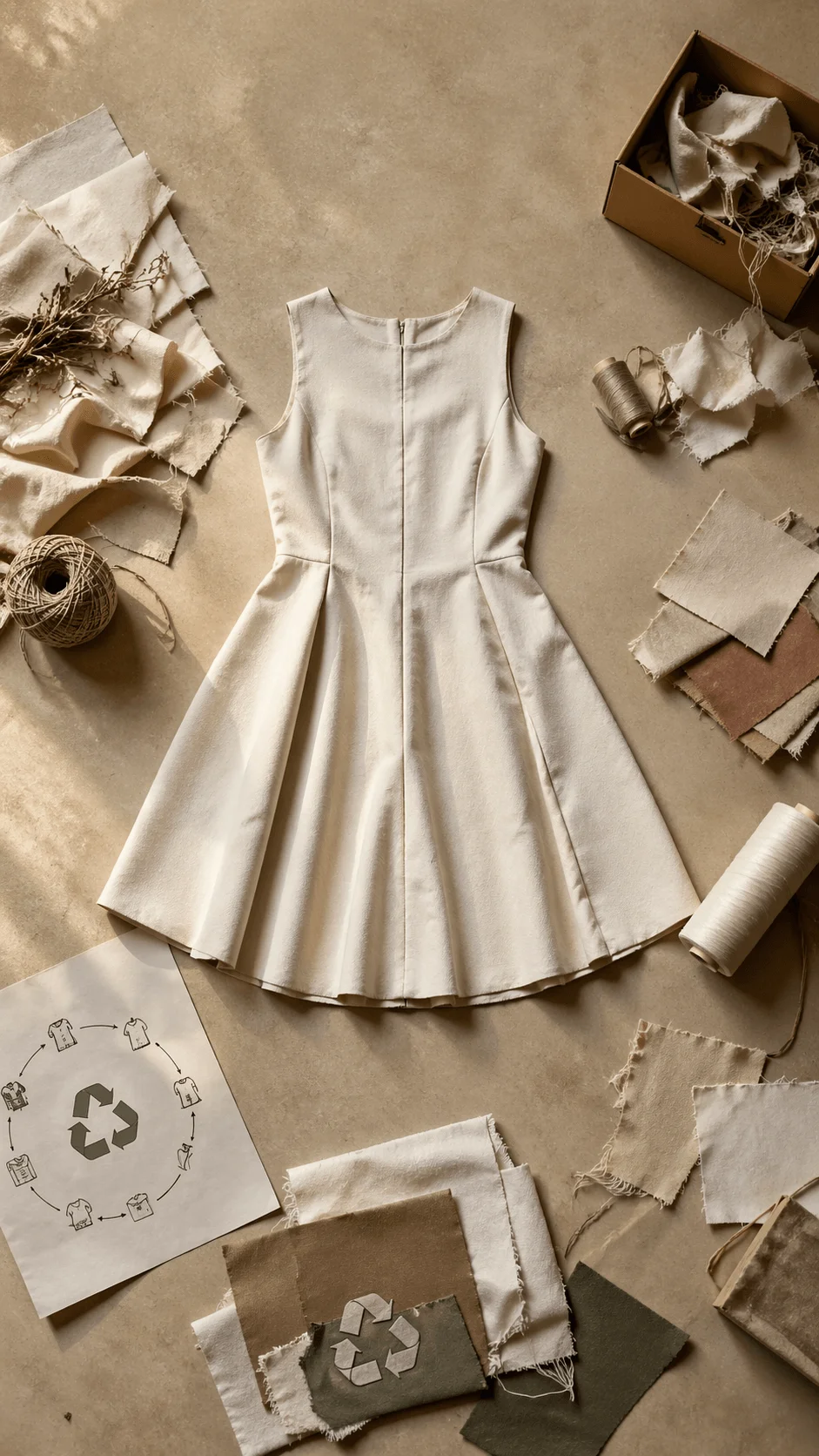 Minimalist beige dress surrounded by fabric swatches thread spools and recycled material samples illustrating circular fashion design and sustainable clothing production