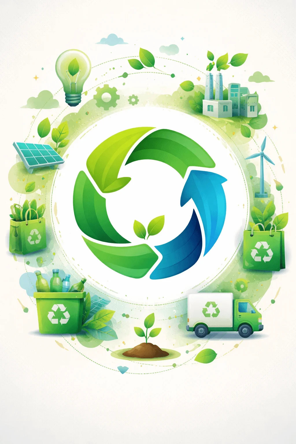 Colorful circular economy illustration featuring a recycling symbol made of arrows and leaves surrounded by icons like solar panels wind turbine factory recycling bins delivery truck and plant growth representing sustainability and eco friendly systems
