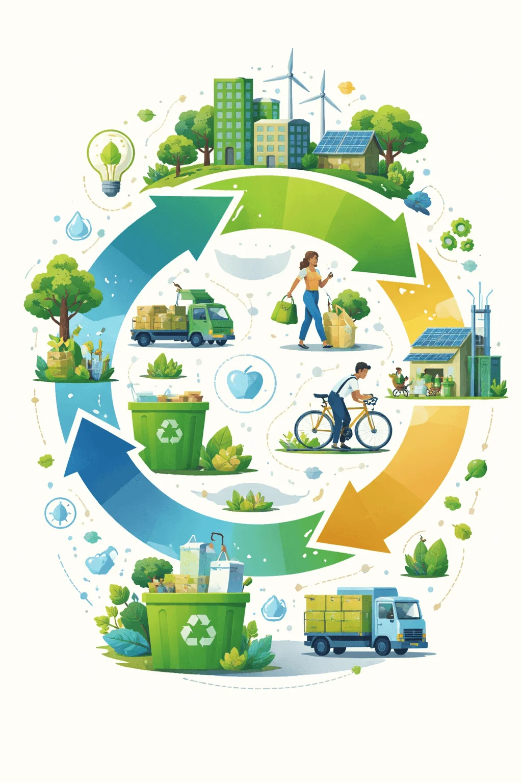 Illustration of circular economy concept with recycling arrows surrounding scenes of sustainable living waste collection renewable energy eco transport and green city elements
