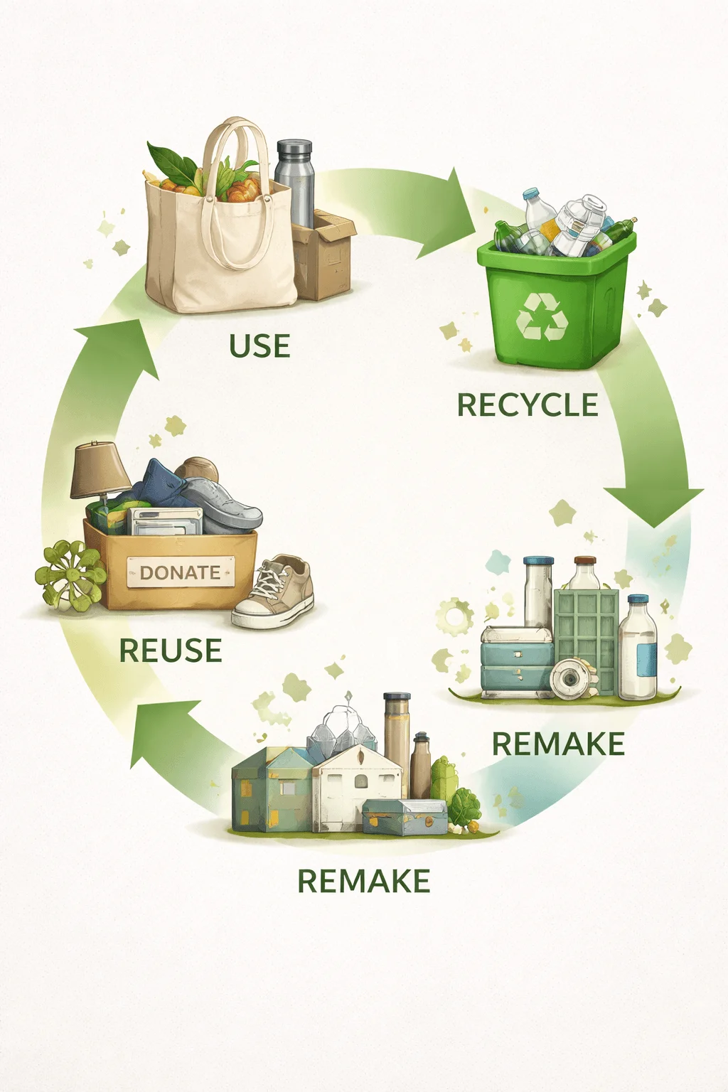 Illustrated circular economy diagram showing use recycle reuse and remake stages with arrows connecting items like shopping bags bottles donation box and manufacturing process