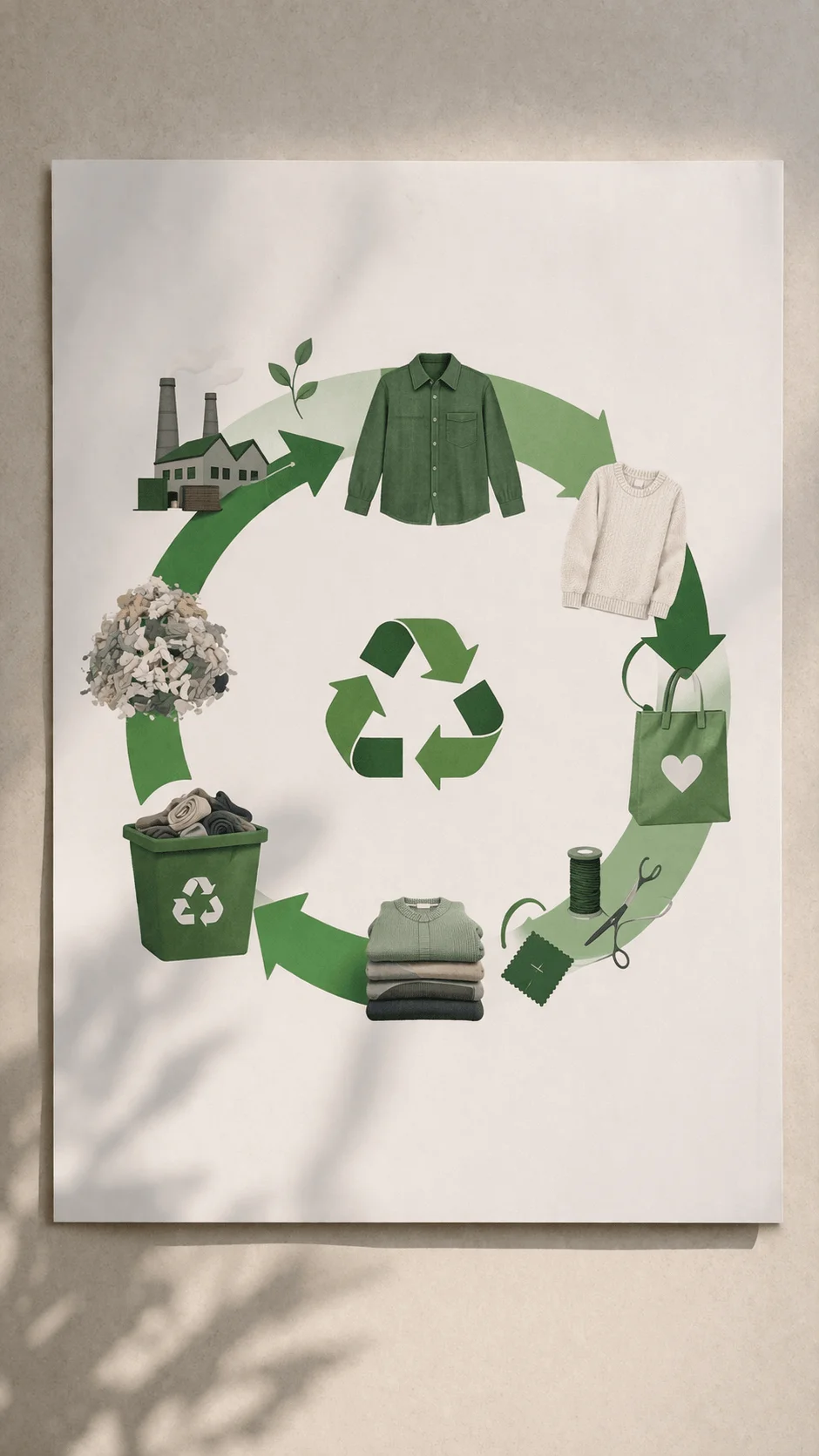 Minimalist circular fashion infographic poster showing the clothing lifecycle with green arrows connecting production clothing use repair recycling and reuse including factory garments sewing tools folded clothes and a recycling bin around a central recycle symbol