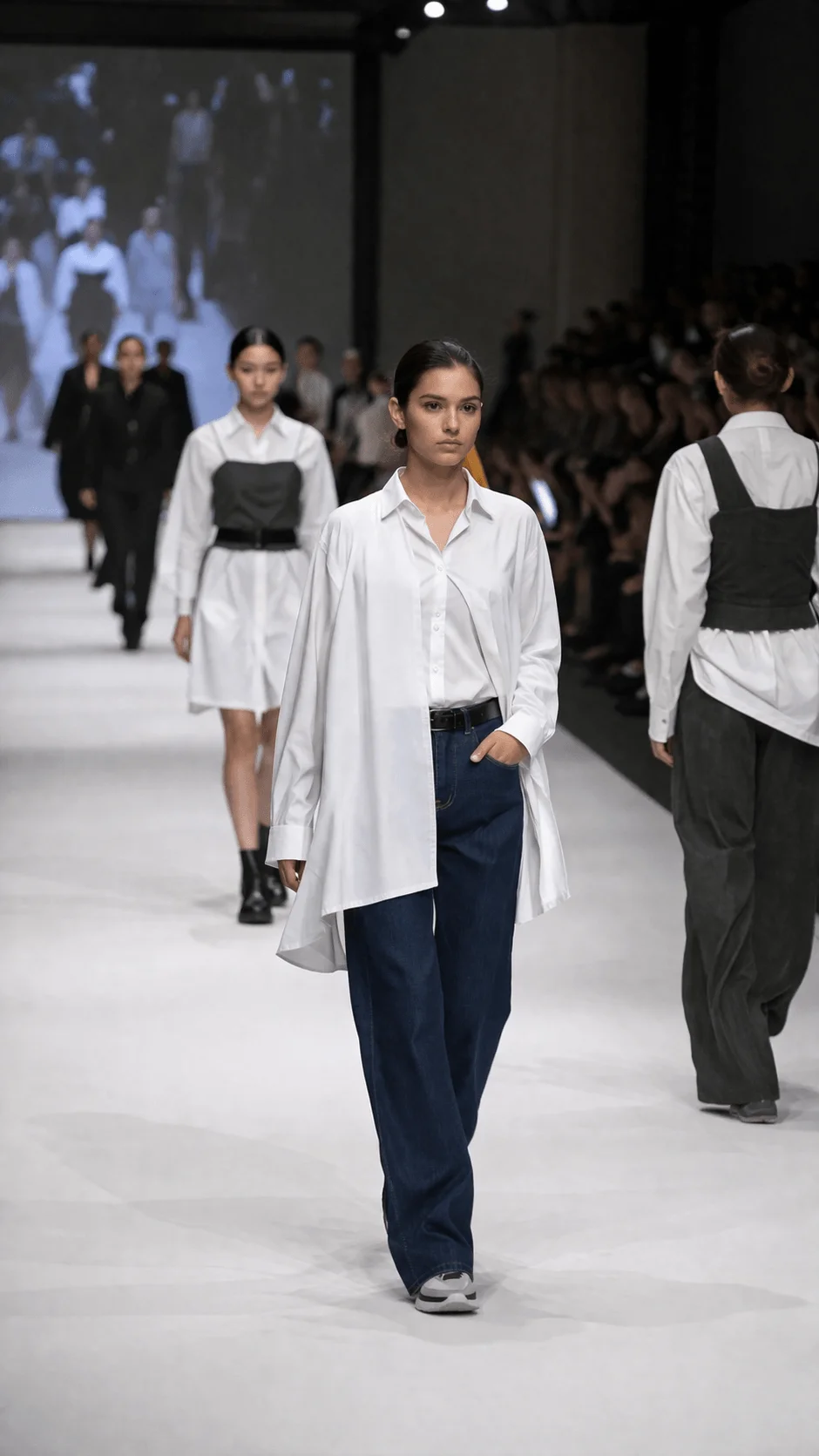 Models walk down a runway wearing minimalist modern outfits in neutral tones with an audience seated on both sides in a fashion show setting
