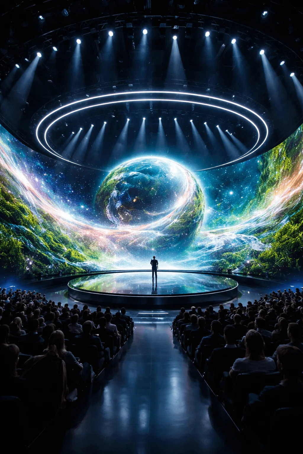 Futuristic circular stage with a presenter standing at the center surrounded by a massive curved LED screen displaying a glowing Earth and cosmic landscape with audience seated around the arena and overhead ring lighting illuminating the scene