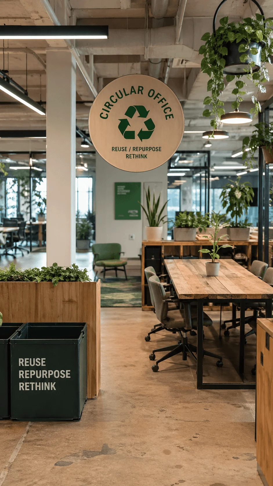 Sustainable office interior with circular design theme featuring reuse repurpose rethink signage wooden furniture indoor plants and recycling bins