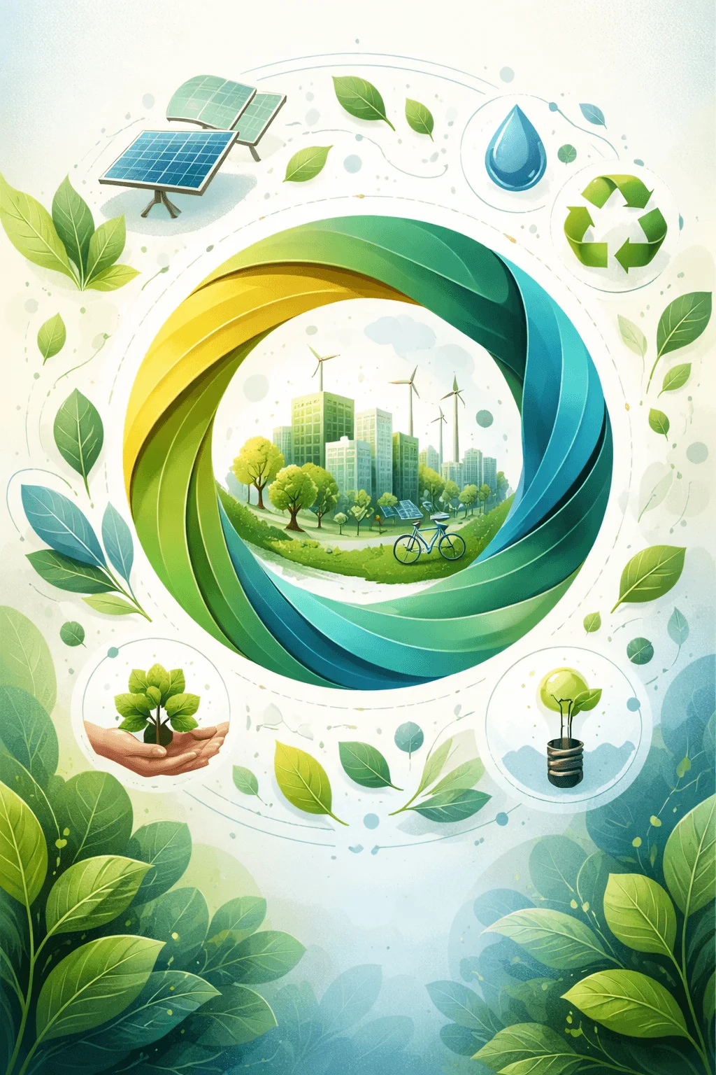 Circular sustainability concept illustration featuring a green blue loop around a city with wind turbines trees and a bicycle surrounded by icons of solar panels water recycling leaves and eco energy symbols