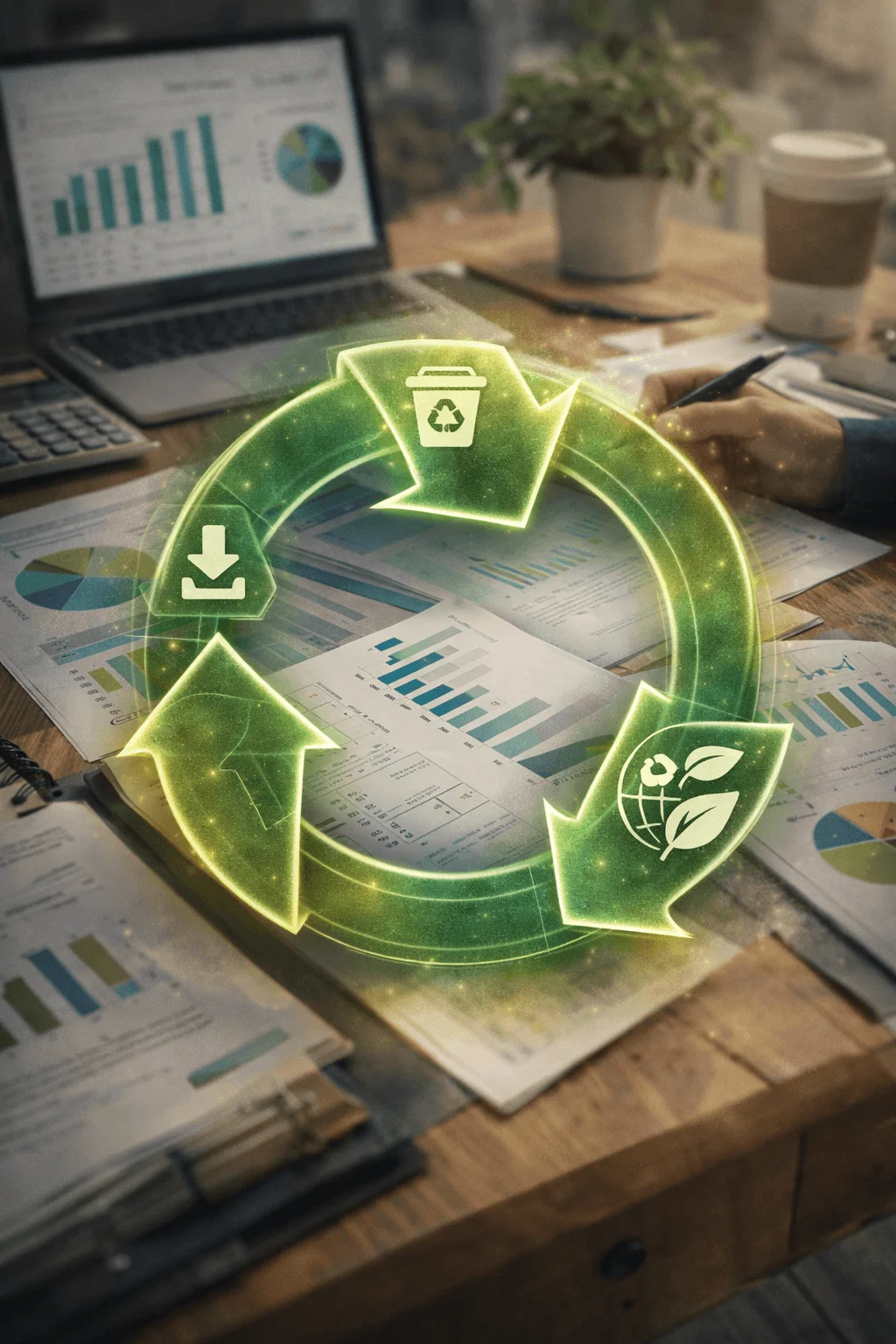 Glowing green circular sustainability loop with recycling icons over financial reports and laptop on a wooden desk showing eco focused data analysis