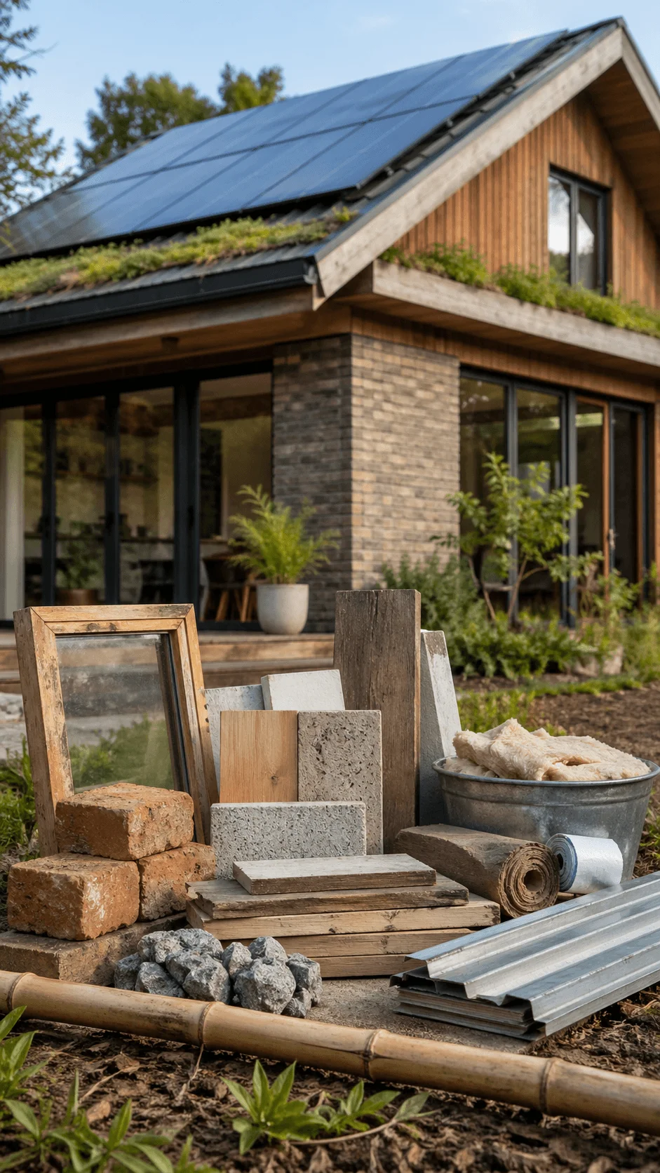 Sustainable house with solar panels and green roof featuring eco friendly building materials like reclaimed wood bricks insulation and metal sheets displayed in foreground