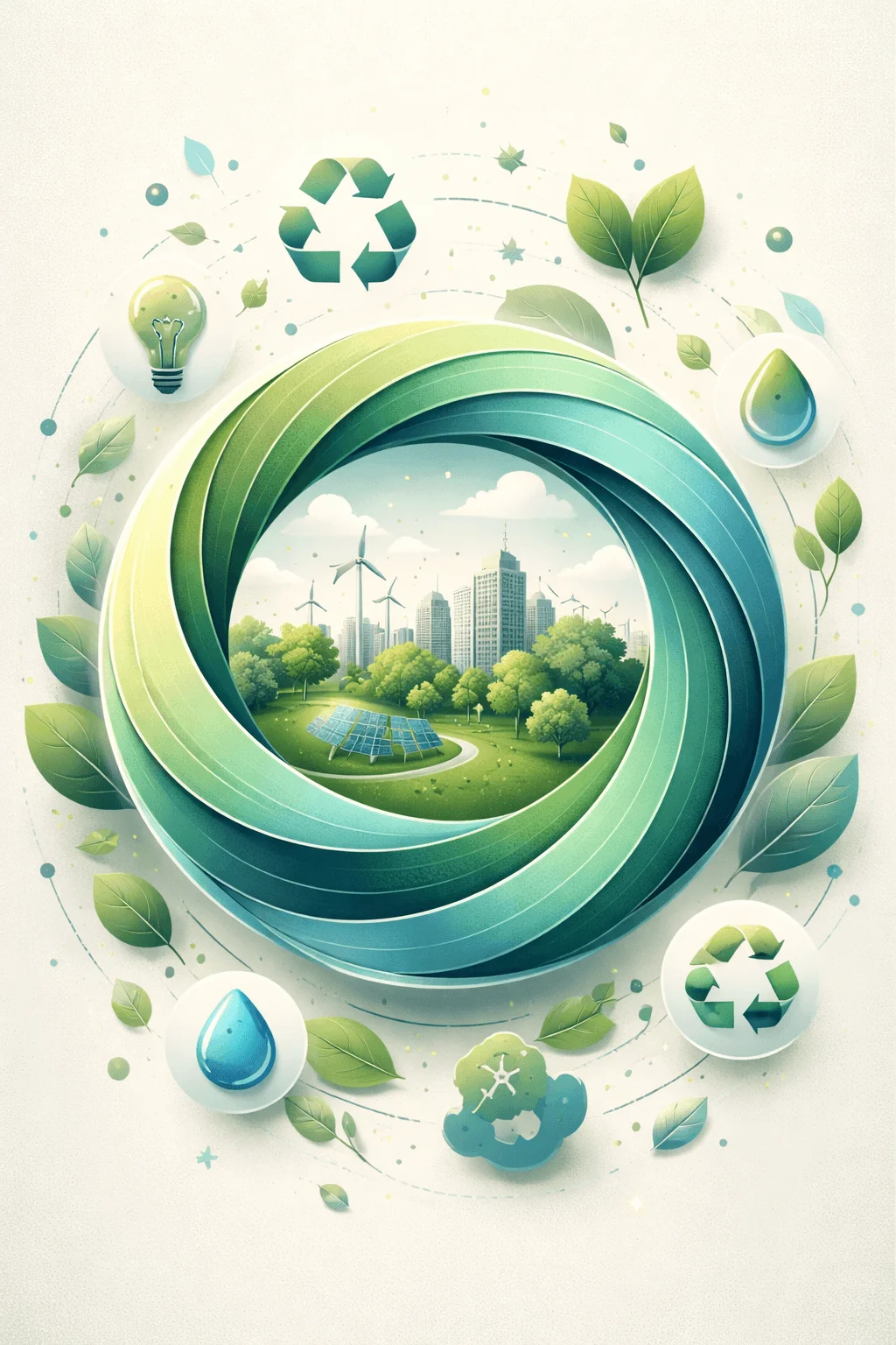 Circular sustainability concept illustration showing a green loop framing a city with wind turbines solar panels and trees surrounded by icons for recycling water conservation renewable energy and environmental protection.