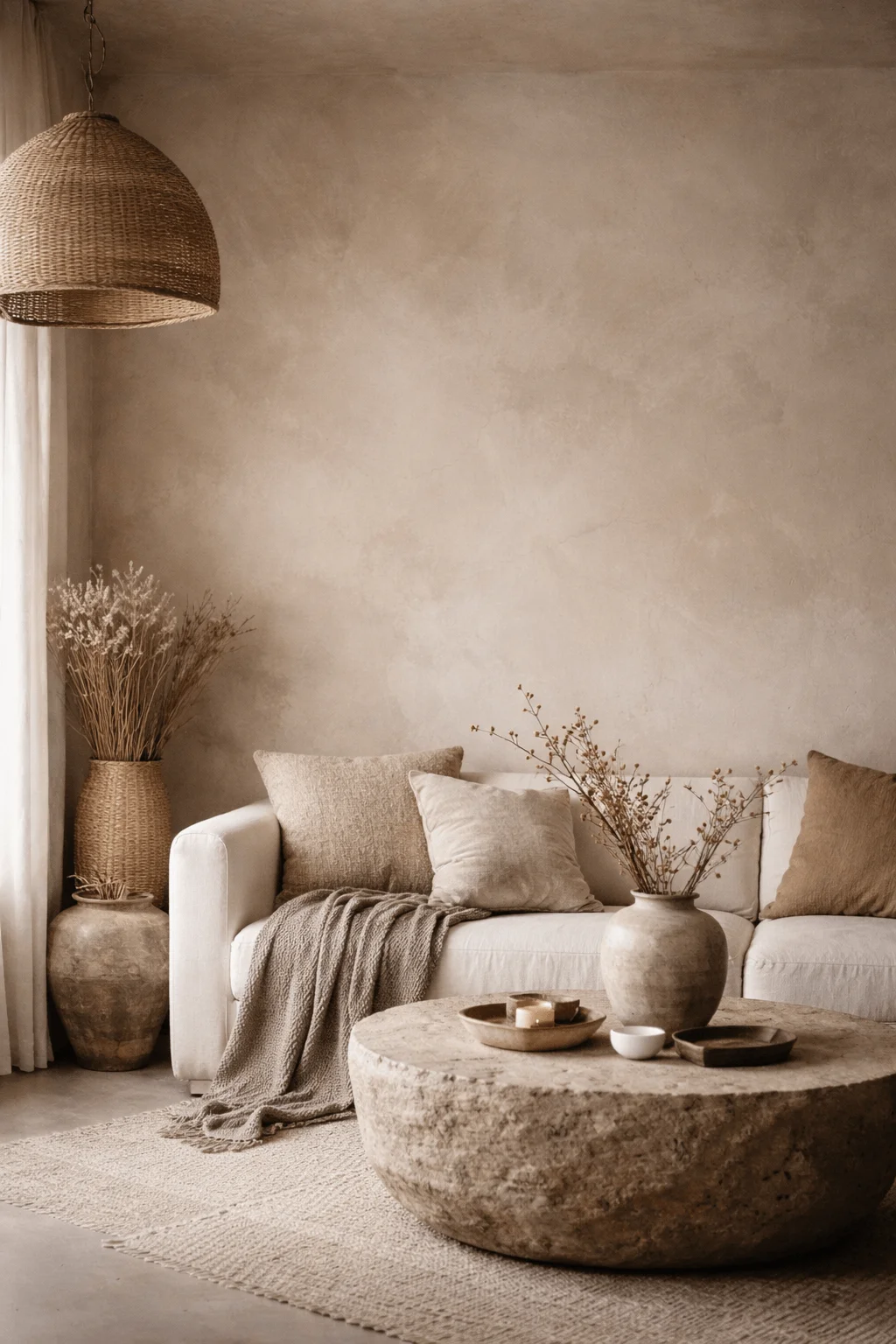Warm minimalist living room with clay or limewash textured wall neutral sofa woven pendant light natural fiber decor ceramic vases and soft earthy tones creating a calm organic atmosphere