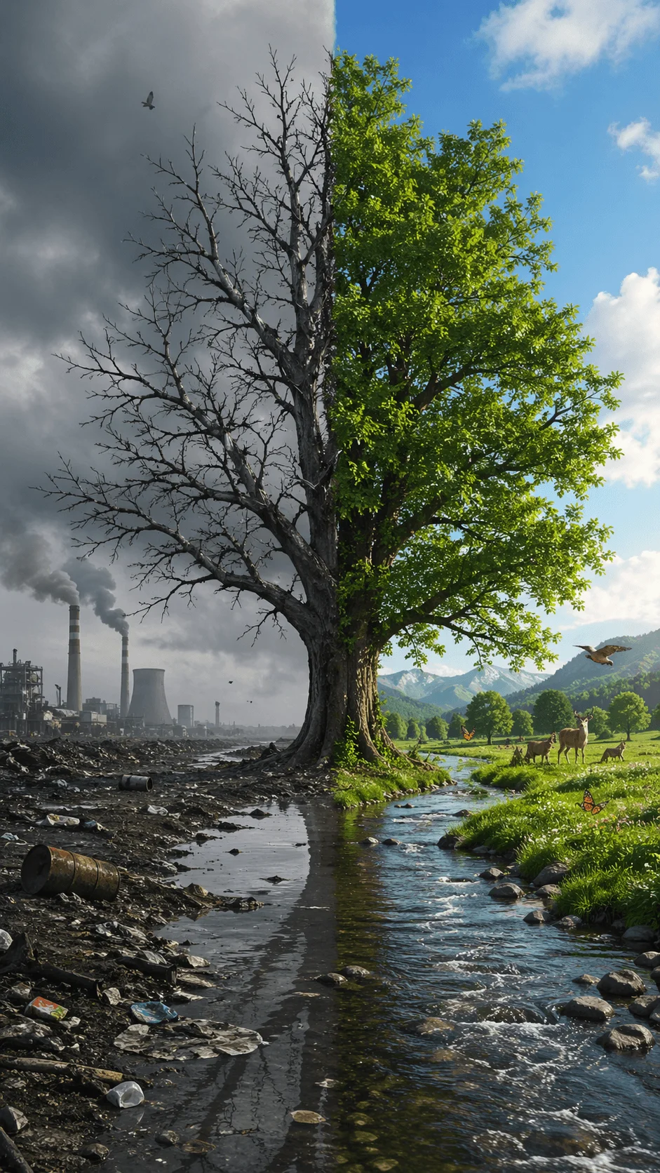 Split scene showing a tree half dead in a polluted landscape with factories smoke and trash and half thriving in a clean green environment with clear water wildlife and blue sky symbolizing environmental contrast