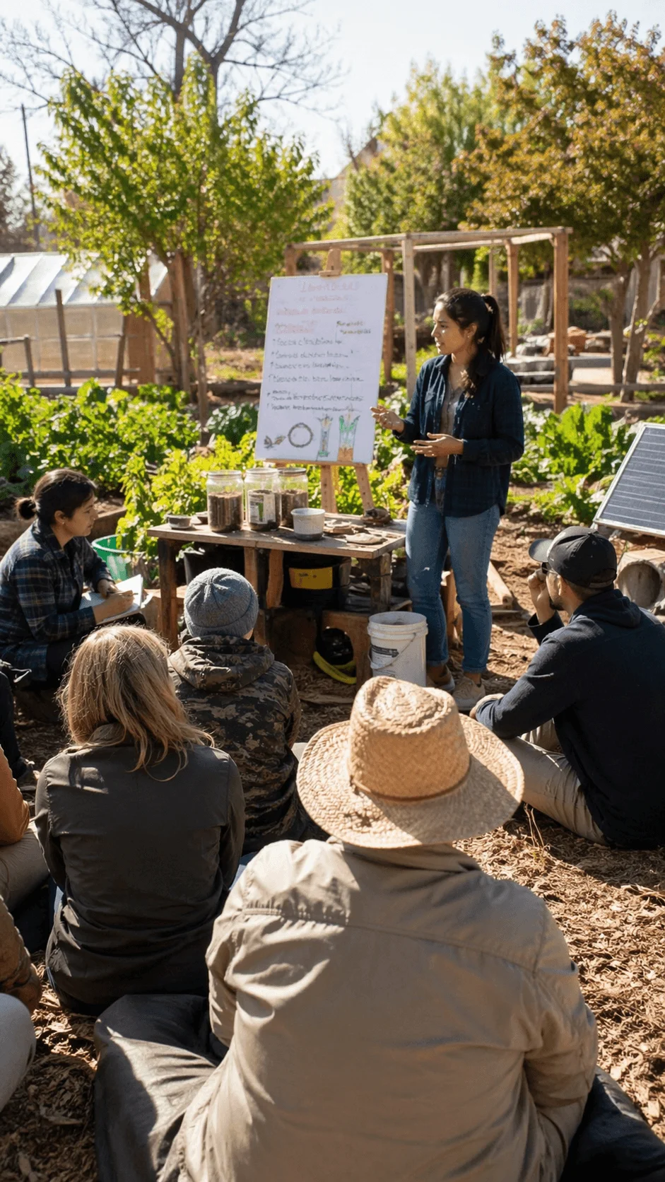 People attending an outdoor sustainability workshop learning about composting and gardening in a community garden setting