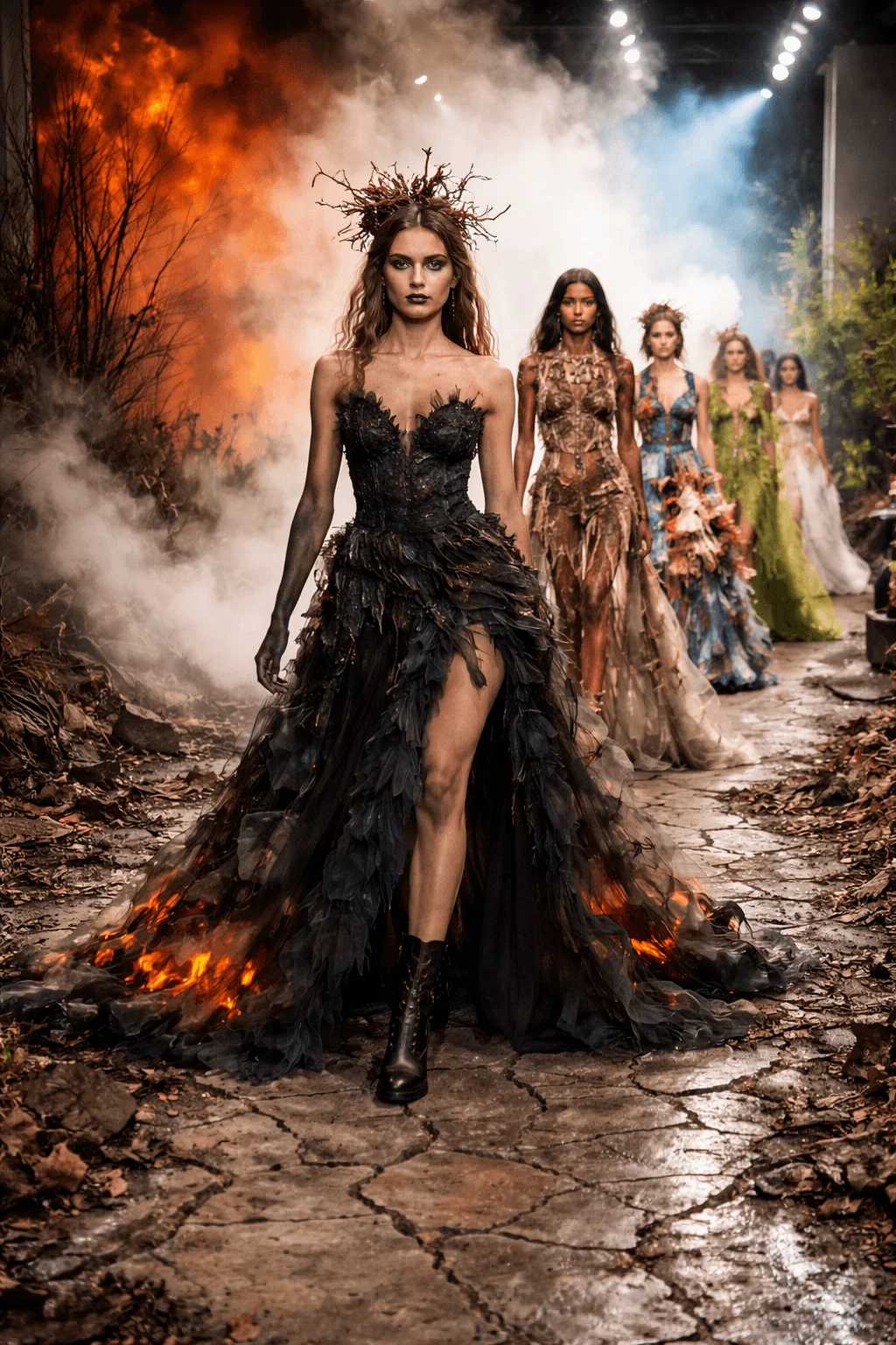 Model walking down a dramatic runway in a dark textured gown with burnt edges and ember like details while flames and smoke surround the scene symbolizing climate change and environmental destruction as other models follow in nature inspired outfits