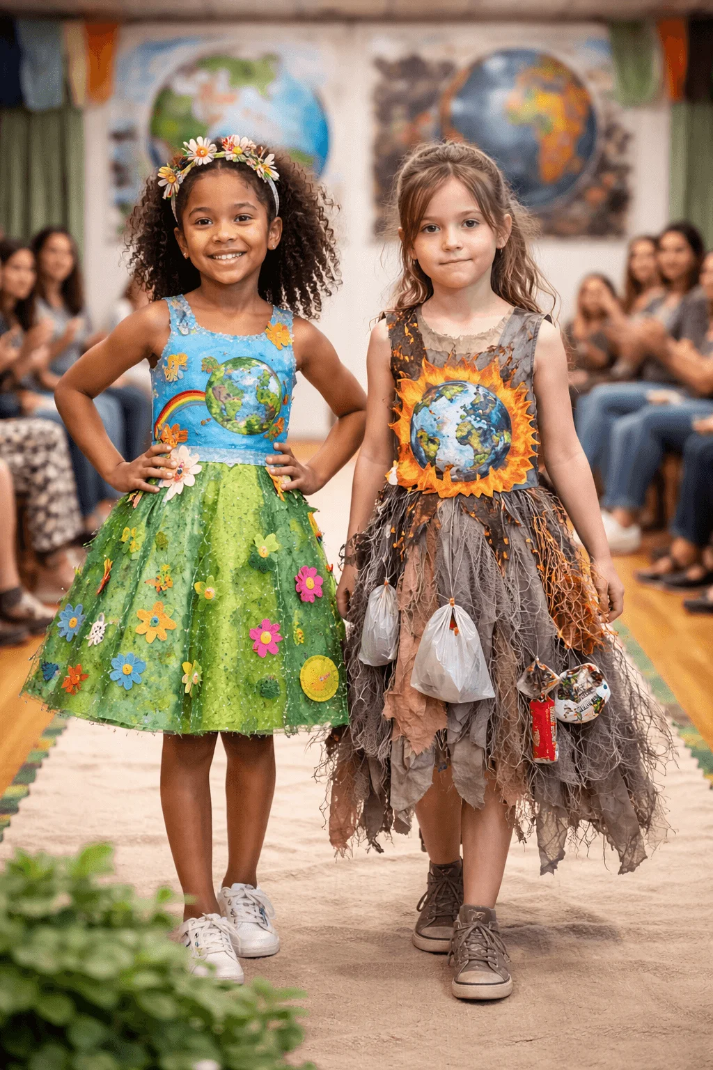Two children walk on a runway wearing dresses themed around the earth and environmental contrast with one bright and nature inspired and the other darker with elements representing pollution while an audience watches in the background