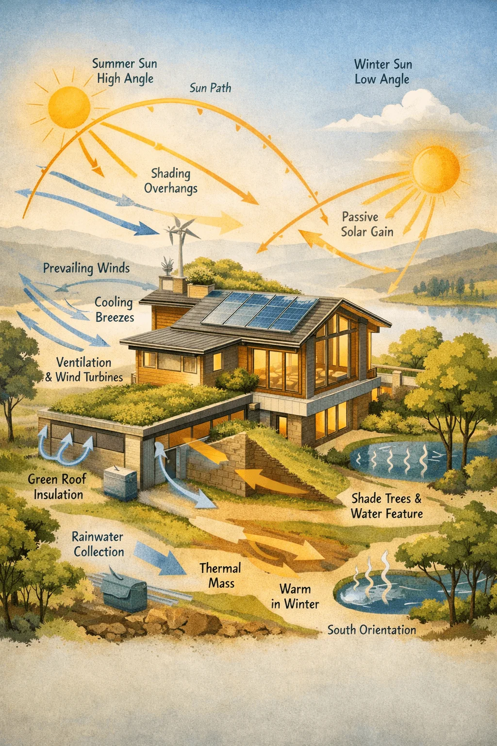 climate responsive house design illustration showing sun path seasonal angles passive solar gain shading overhangs natural ventilation green roof insulation rainwater collection thermal mass and landscape elements for energy efficiency