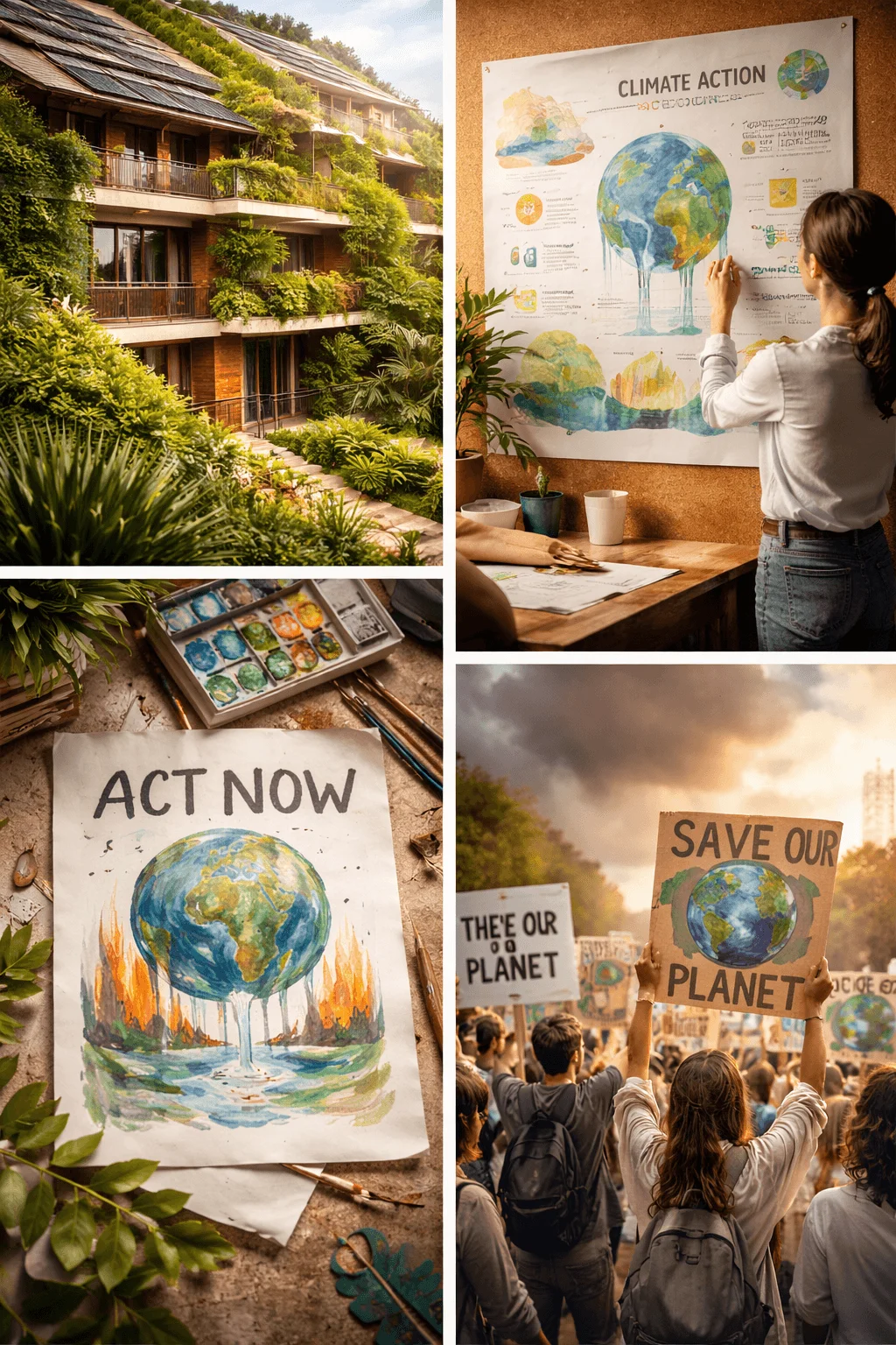 Climate responsive design and visual awareness concept showing sustainable green buildings climate action posters hand painted earth illustrations and people protesting with save our planet signs to highlight environmental advocacy