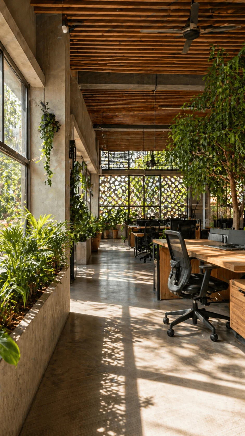 Climate responsive office interior with natural ventilation shaded windows indoor greenery and wooden elements creating a comfortable energy efficient workspace