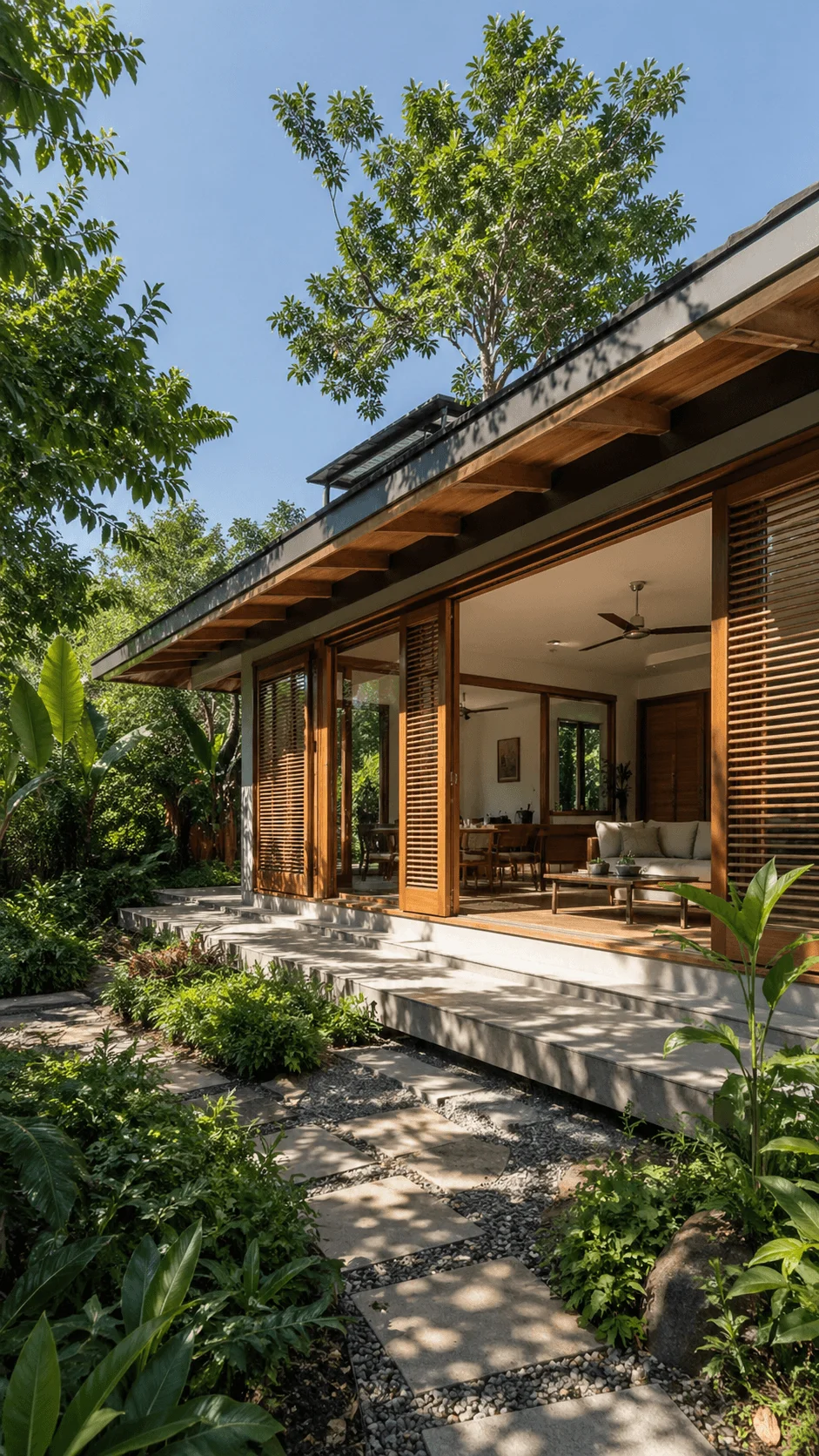 Climate responsive home with wooden sliding doors open living space shaded roof and lush garden pathway surrounded by tropical greenery