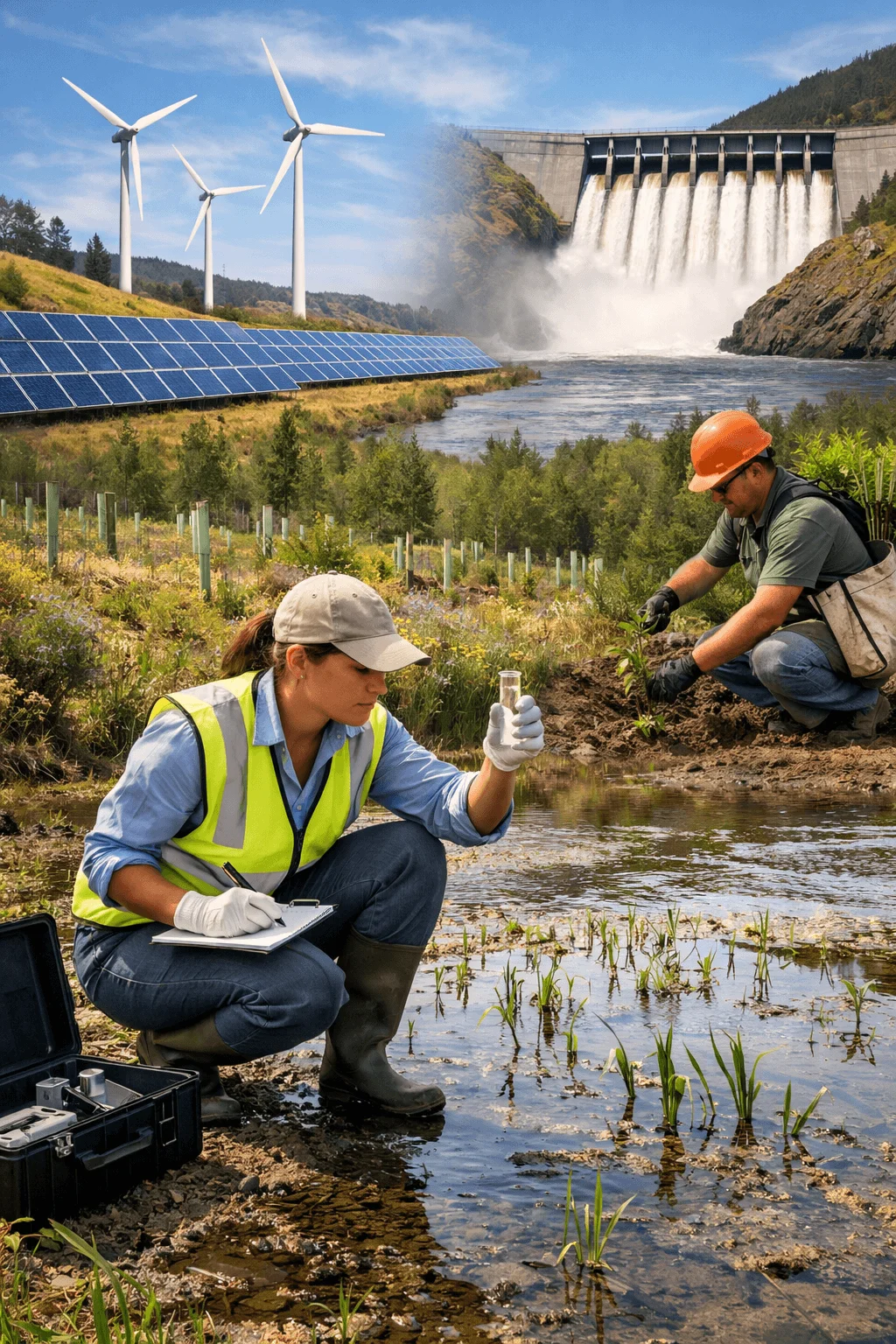 Environmental scientists collecting water samples and planting vegetation in a wetland restoration area with wind turbines solar panels and a hydroelectric dam in the background representing renewable energy and climate sustainability efforts.