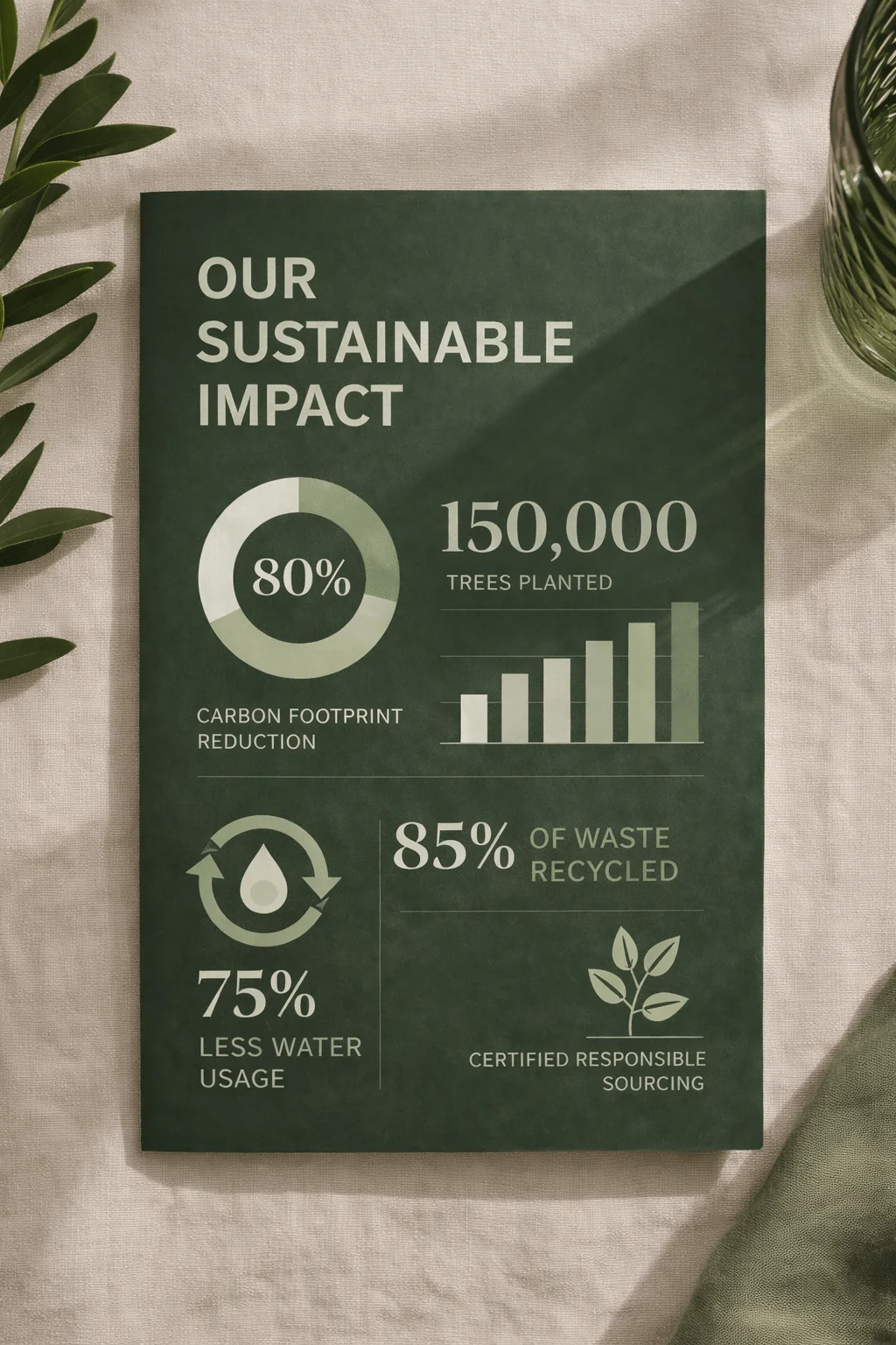 Green sustainability brochure cover featuring visual data with charts and icons showing carbon footprint reduction trees planted water savings and waste recycling metrics