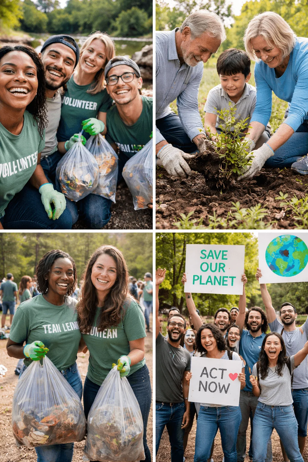 Collage of community environmental action showing volunteers collecting trash planting trees and a diverse group holding save our planet and act now signs