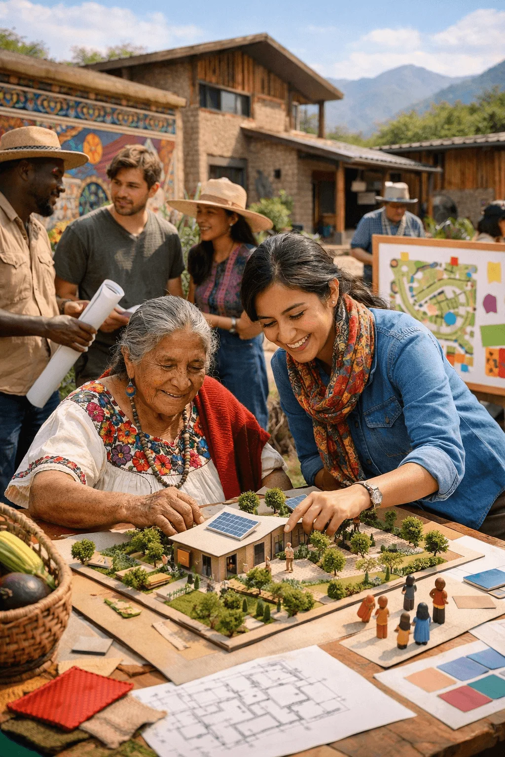 Community driven and inclusive design concept showing a diverse group collaborating on a sustainable housing model with plans materials and local input in an outdoor setting