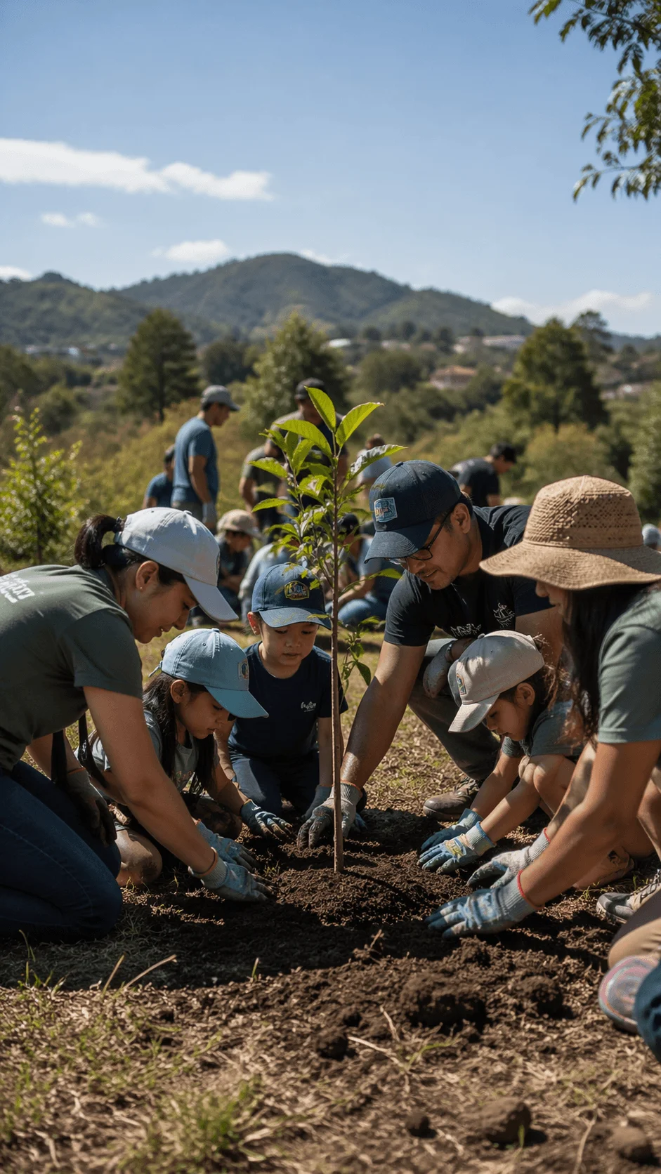 Families and volunteers planting a young tree together during a community sustainability event in a natural outdoor setting