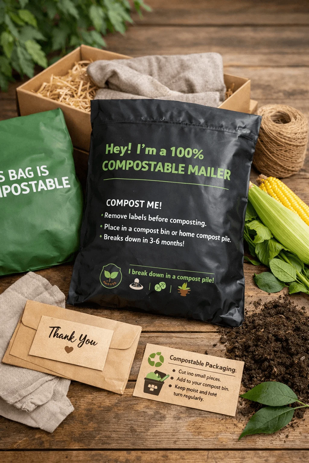 Compostable mailer bags with eco friendly packaging materials including kraft envelopes thank you card compost instructions fabric wrap twine fresh produce and soil on wooden table