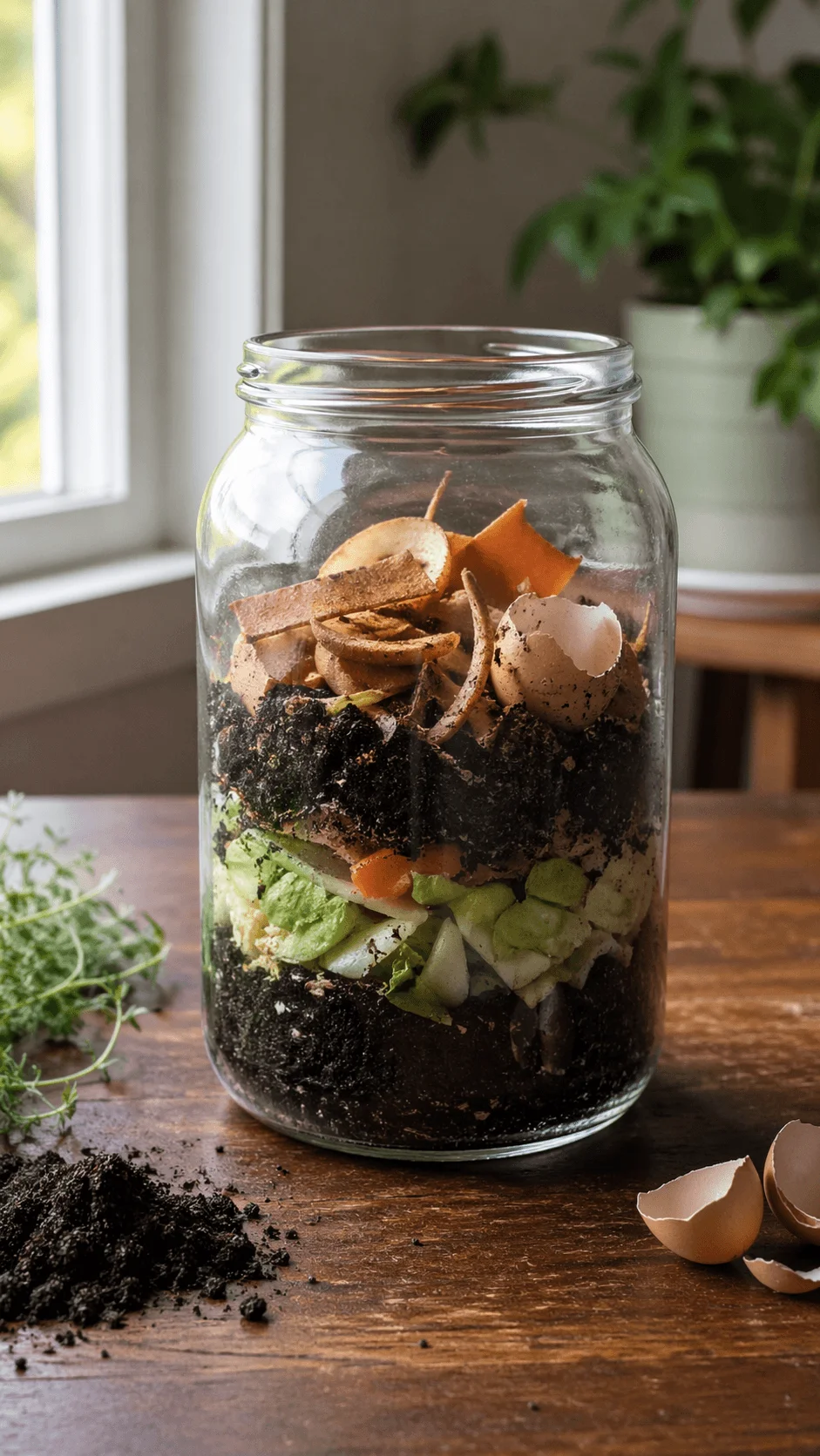 Glass jar composting setup with layered soil vegetable scraps eggshells and organic waste on a wooden table
