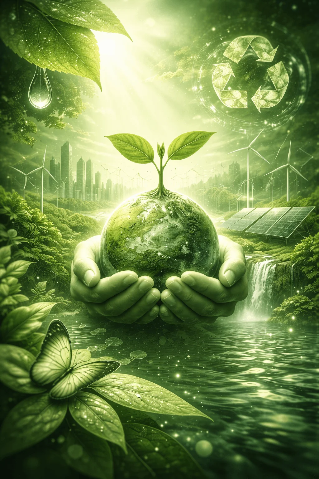 Hands holding a green earth with a young plant growing from it surrounded by leaves water sunlight wind turbines solar panels and a city skyline symbolizing sustainability renewable energy and environmental protection.