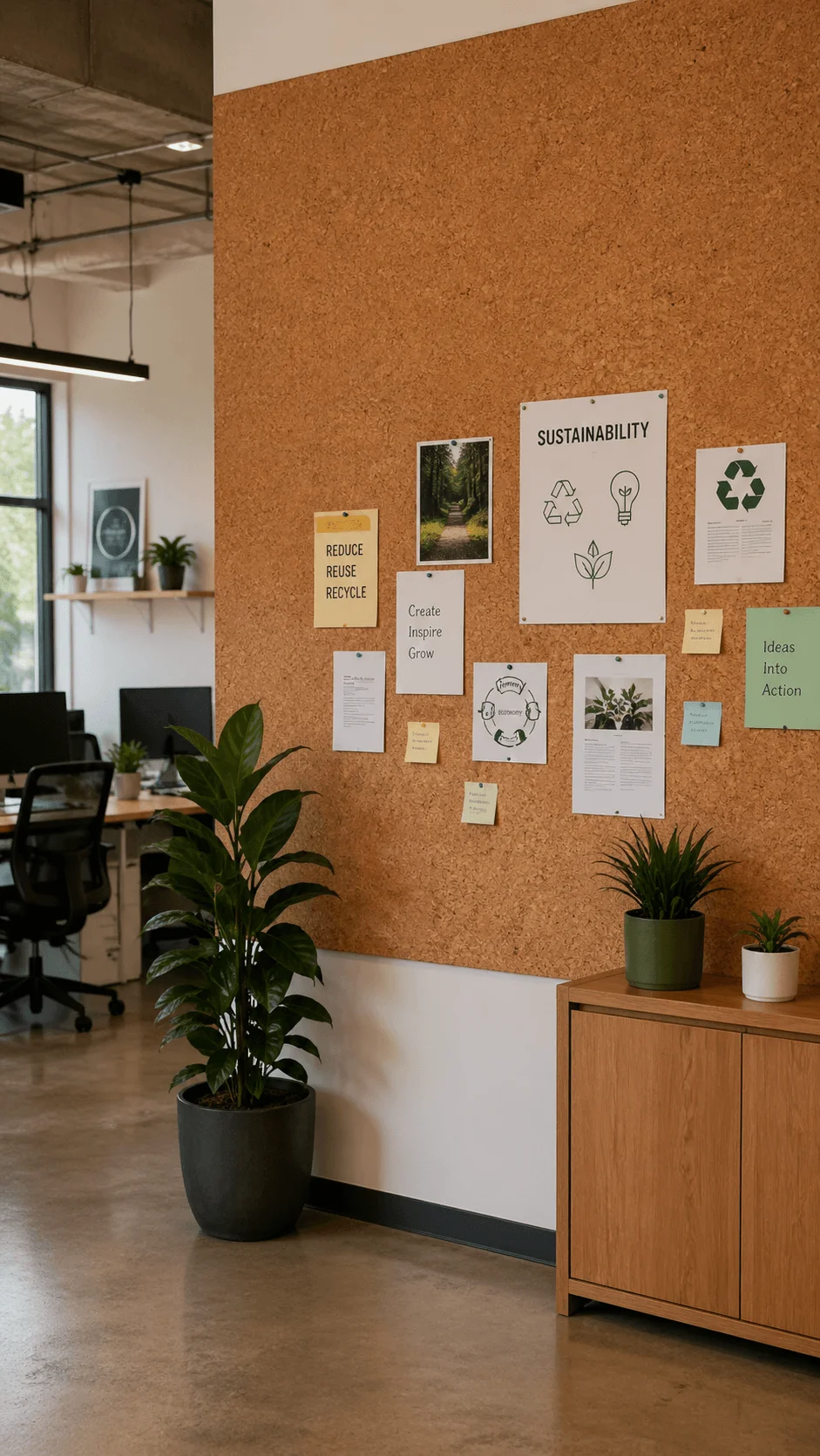 Modern office interior with cork wall displaying sustainability posters notes and eco messages indoor plants and clean workspace design