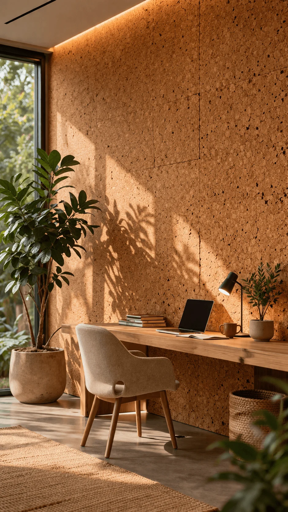 Minimal home office with a cork textured wall warm natural lighting wooden desk laptop chair indoor plants and earthy decor creating a calm sustainable workspace