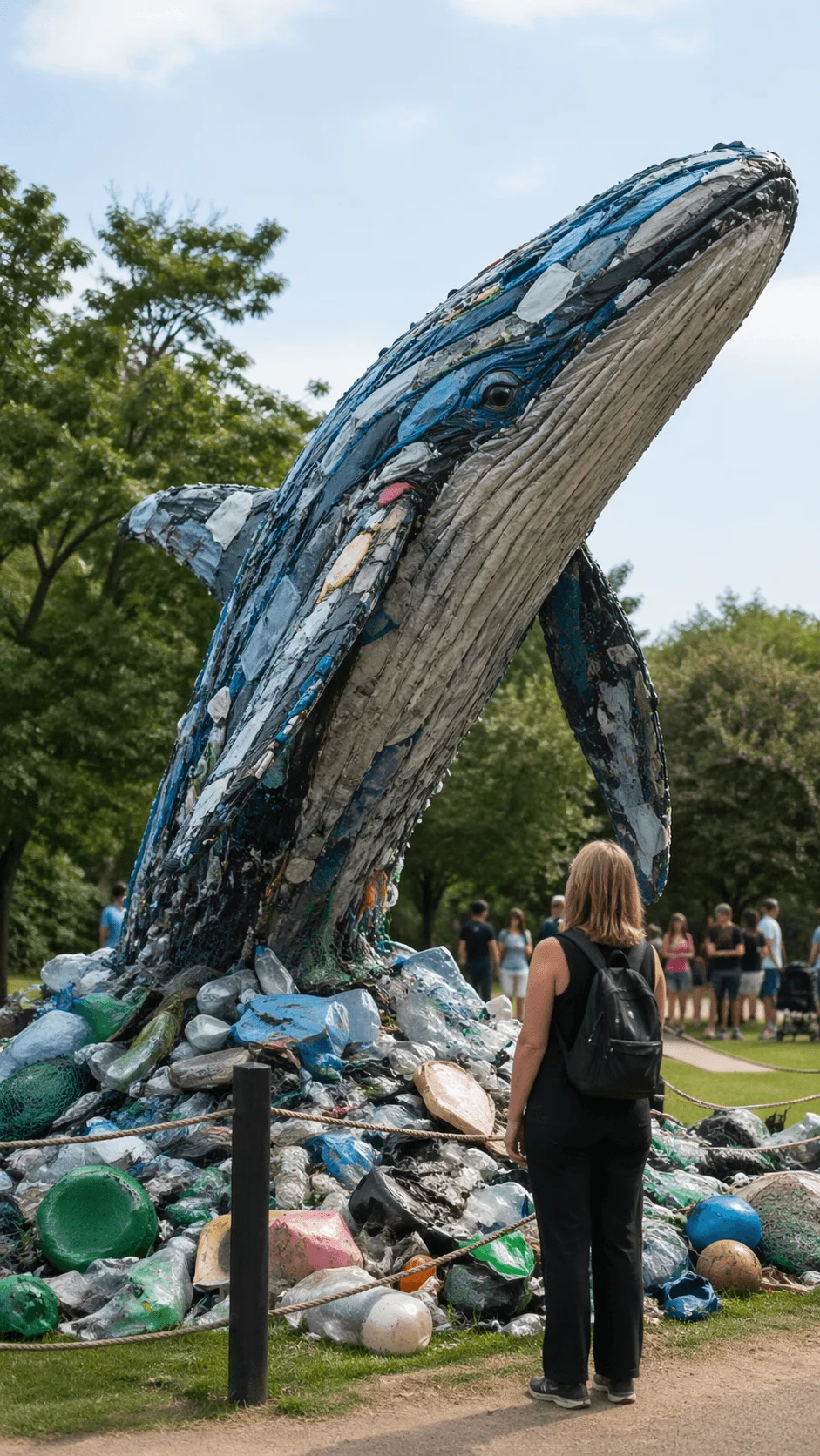Person viewing a large whale sculpture made from recycled plastic waste at an outdoor environmental art installation