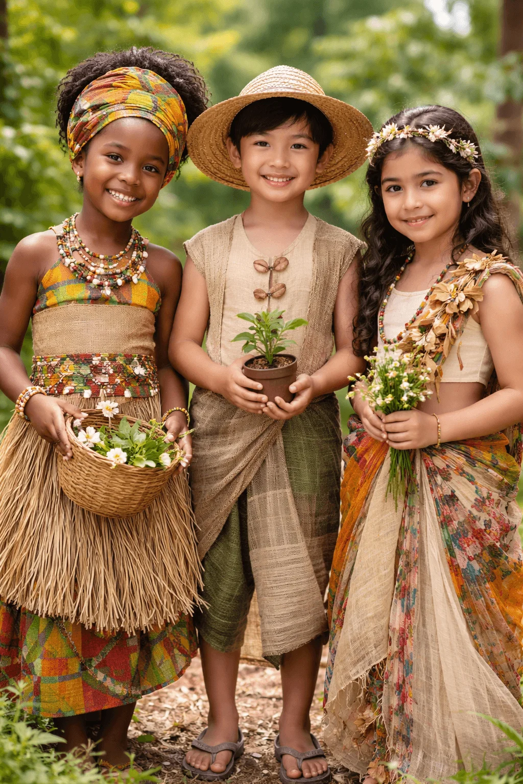 Three children stand outdoors wearing nature inspired clothing and accessories while holding plants flowers and a basket in a lush green setting