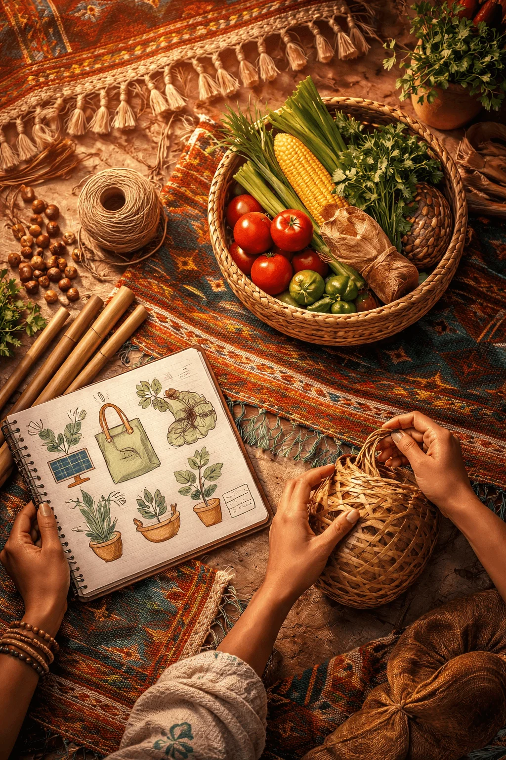 Warm rustic scene with woven basket of fresh vegetables colorful textiles and hands crafting a basket beside a sketchbook with eco friendly illustrations reflecting local culture and sustainable living